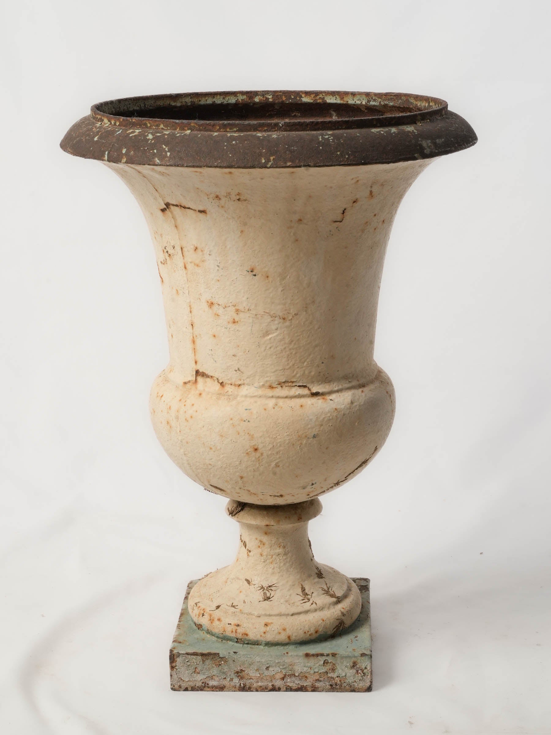 Antique French Cast-Iron Medici Garden Urn with Weathered Painted Surface - 21¼"