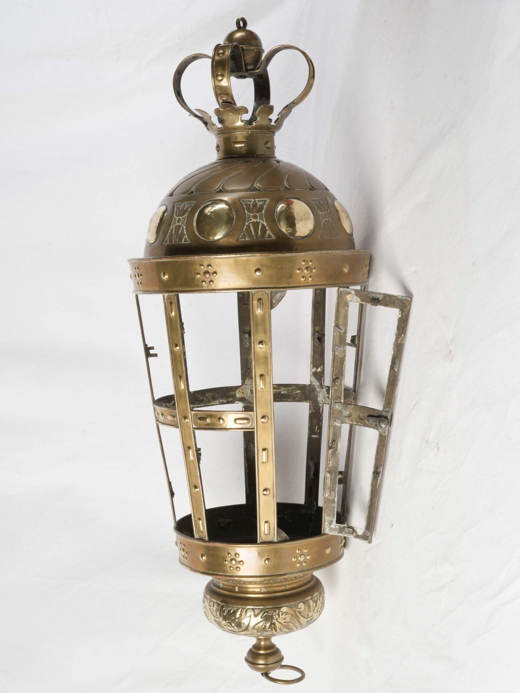 Large Repoussé Brass Lantern with Crown Detail, c. 1900 - 39"