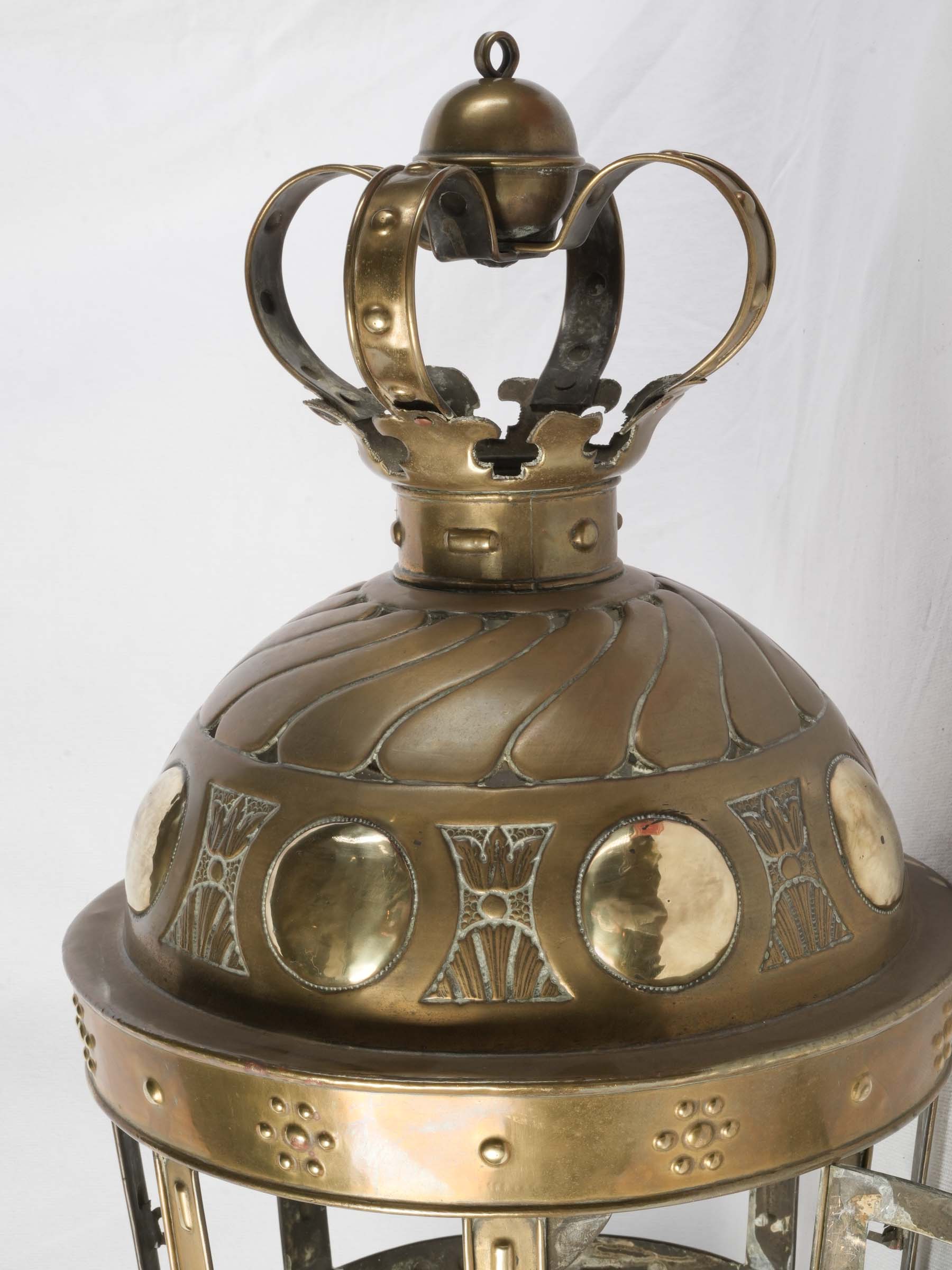 Large Repoussé Brass Lantern with Crown Detail, c. 1900 - 39"