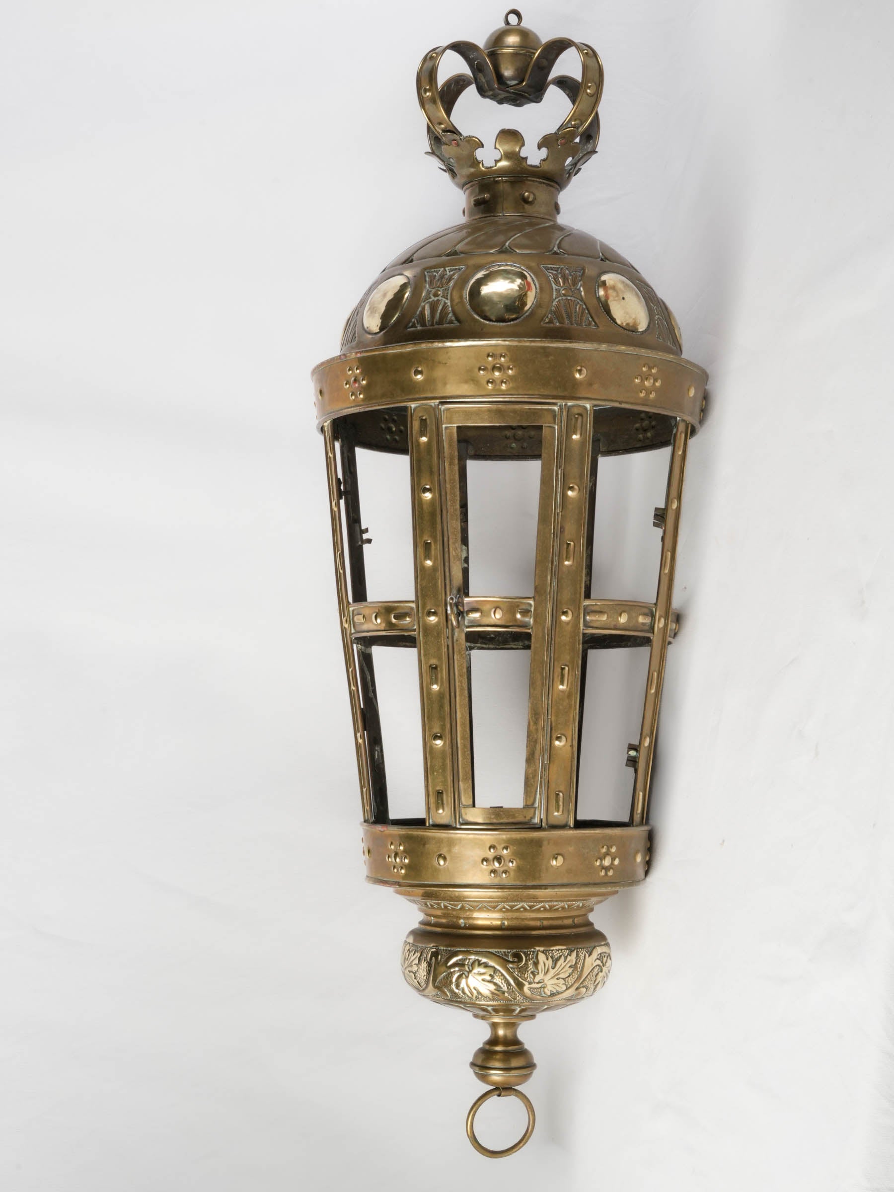 Large Repoussé Brass Lantern with Crown Detail, c. 1900 - 39"