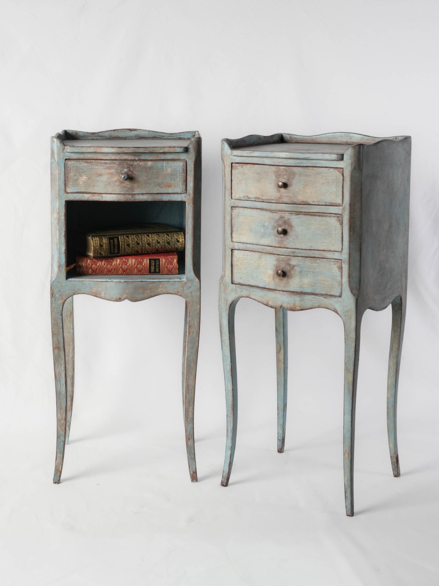 French Country Bedside Tables w/ Distressed Blue Patina - 28¾"