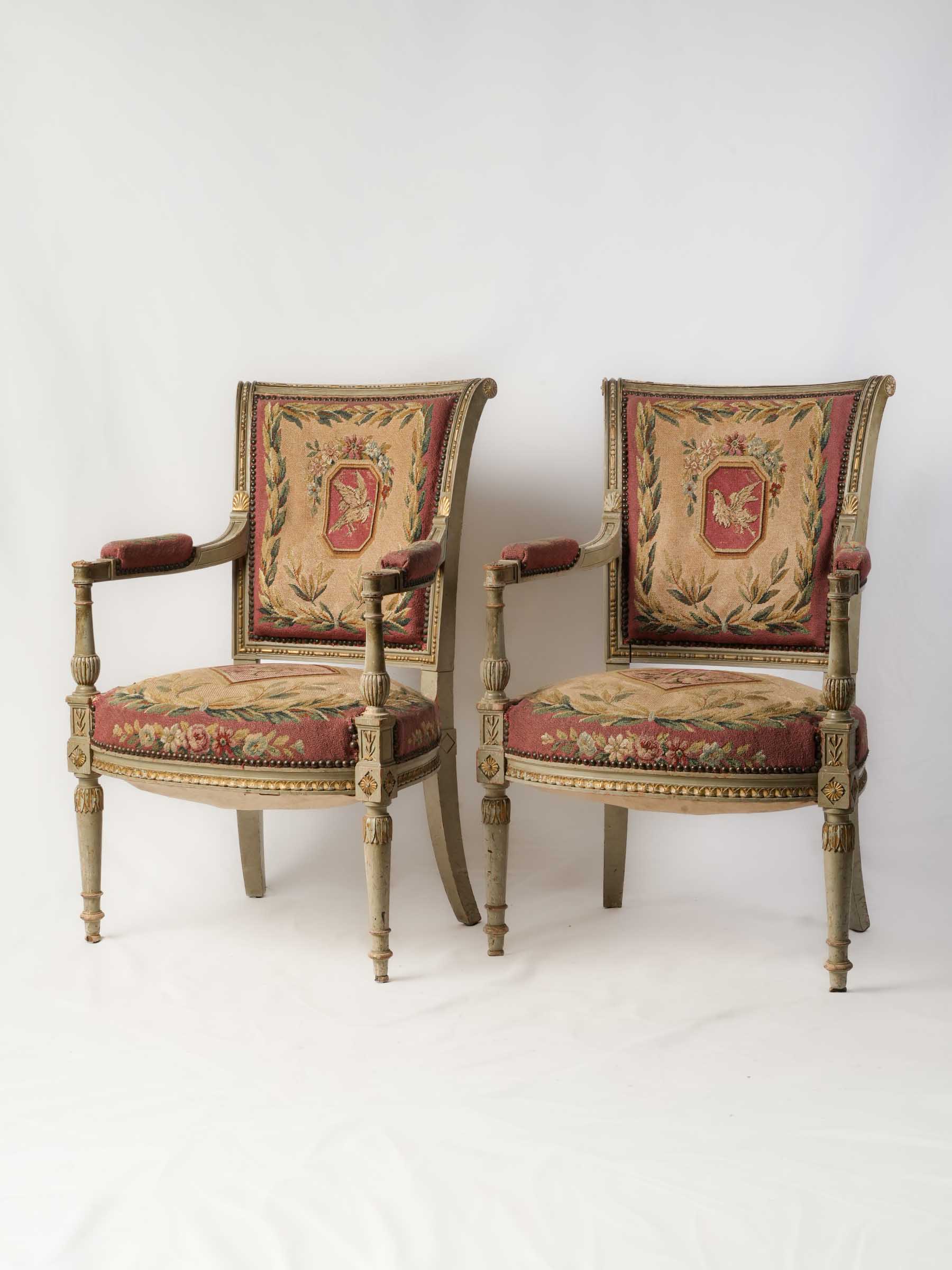 Pair of 19th-Century French Directoire-Style Armchairs w/ Original Tapestry Upholstery