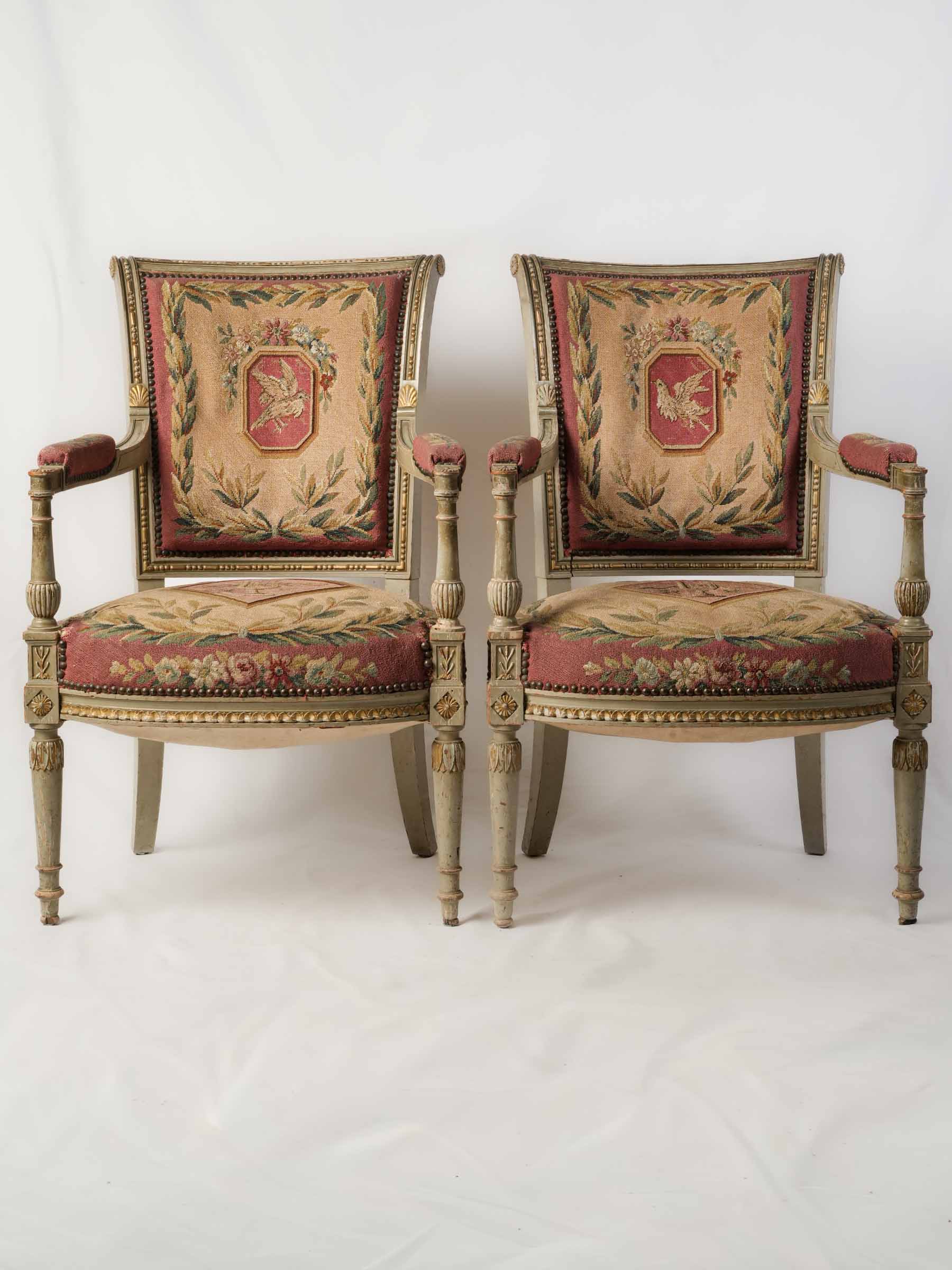 Pair of 19th-Century French Directoire-Style Armchairs w/ Original Tapestry Upholstery