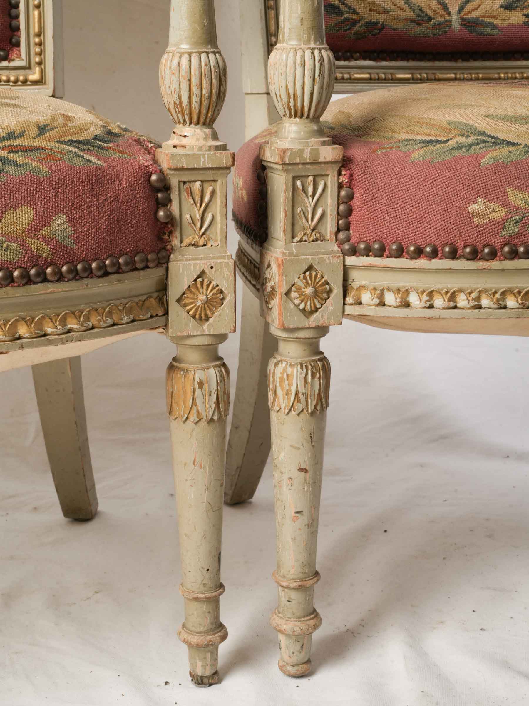 Pair of 19th-Century French Directoire-Style Armchairs w/ Original Tapestry Upholstery