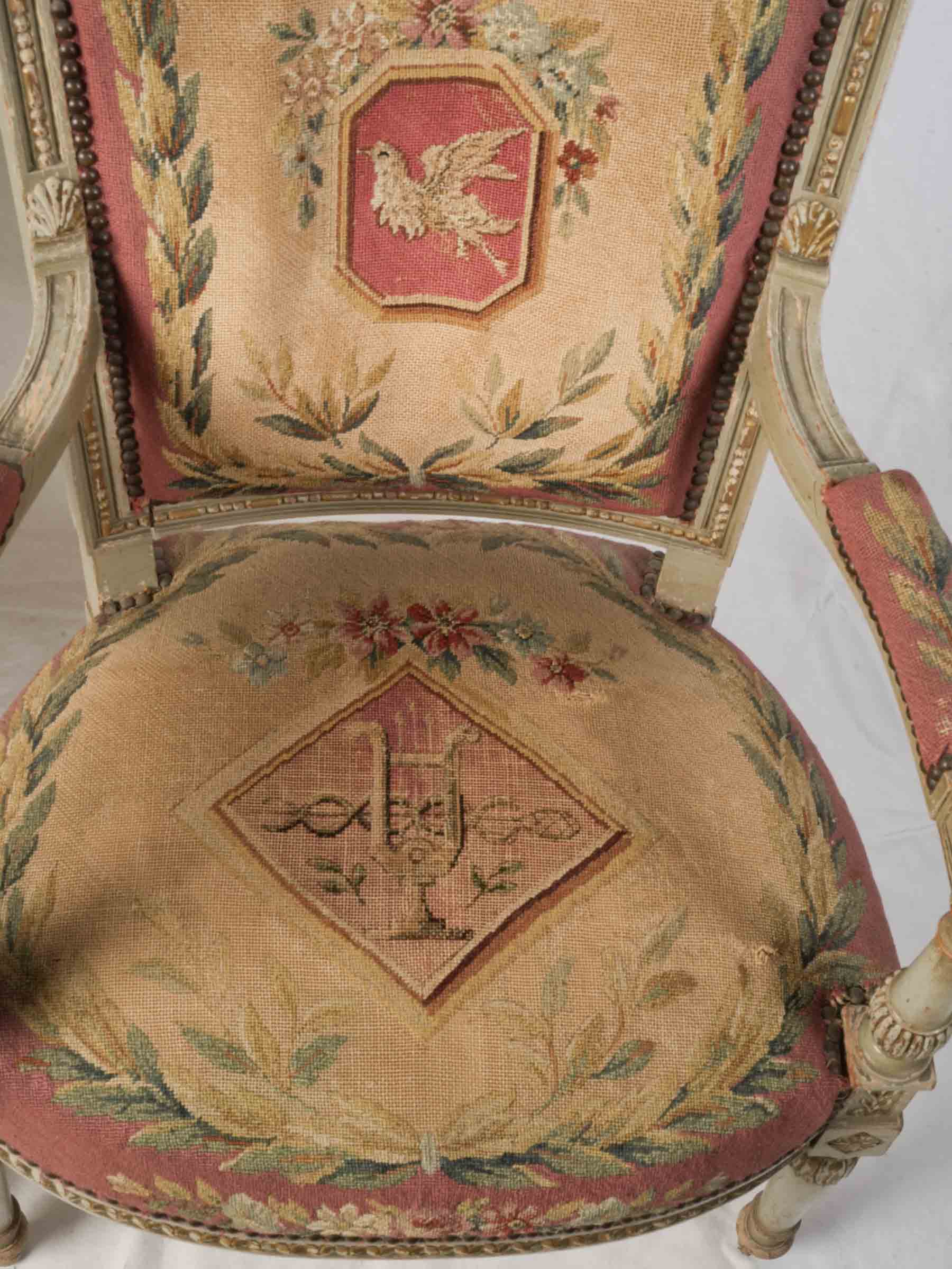 Pair of 19th-Century French Directoire-Style Armchairs w/ Original Tapestry Upholstery