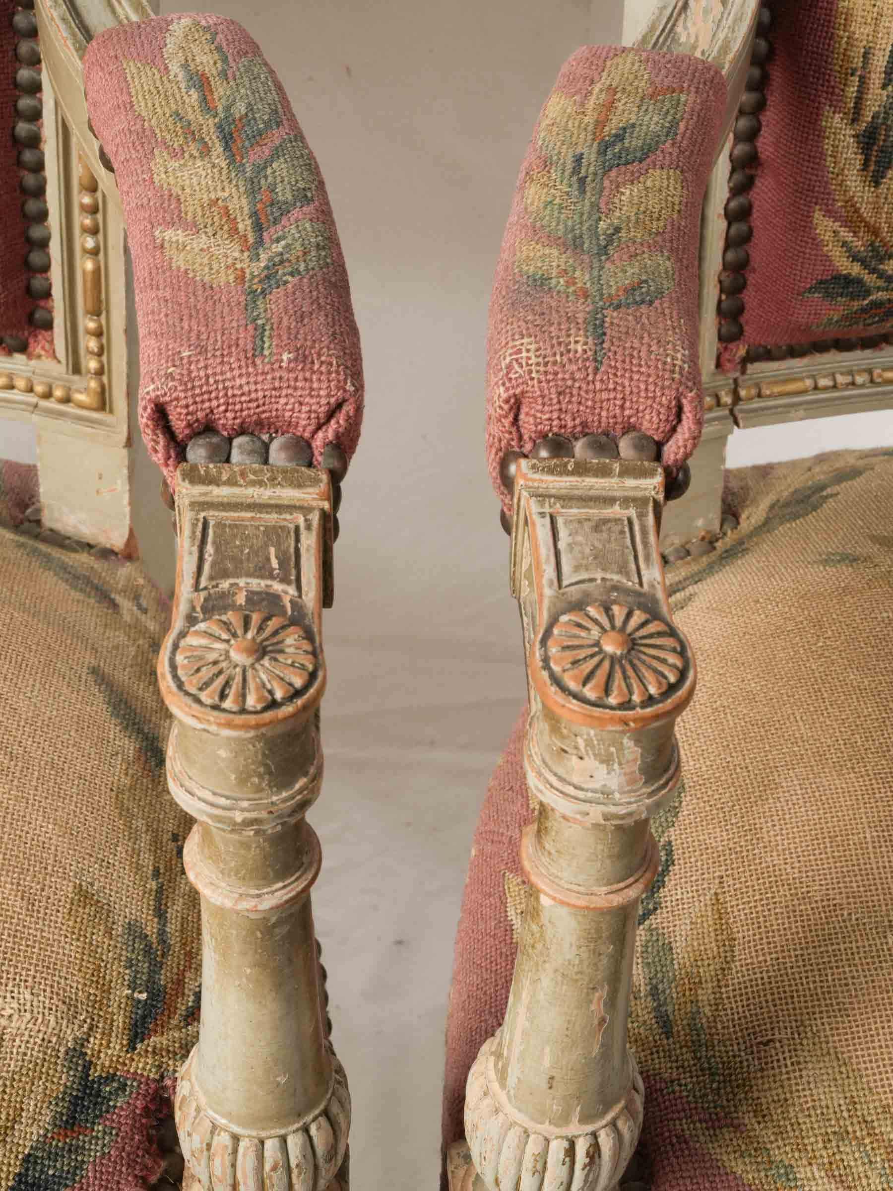 Pair of 19th-Century French Directoire-Style Armchairs w/ Original Tapestry Upholstery