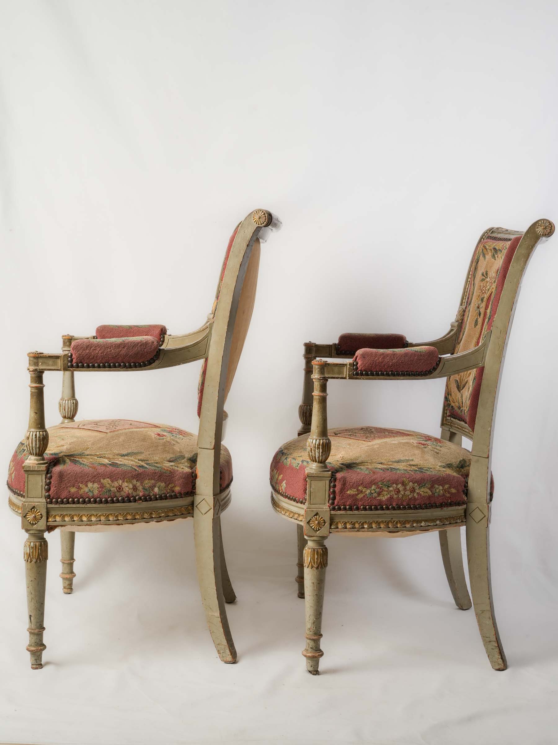 Pair of 19th-Century French Directoire-Style Armchairs w/ Original Tapestry Upholstery