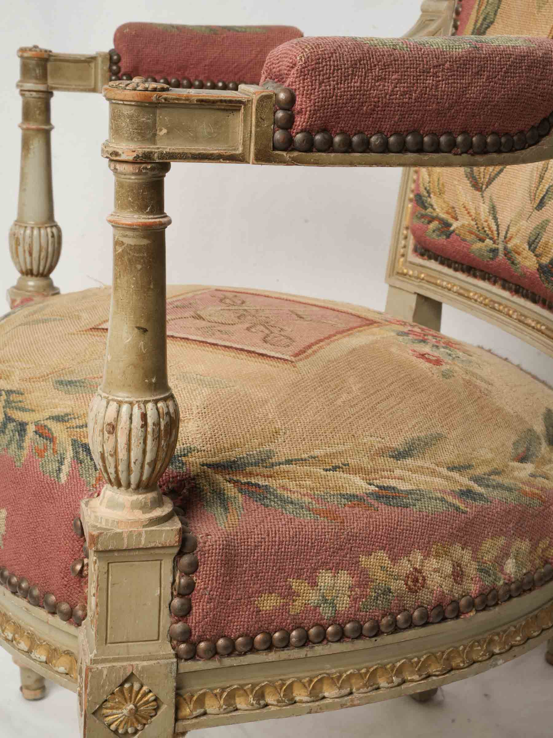 Pair of 19th-Century French Directoire-Style Armchairs w/ Original Tapestry Upholstery