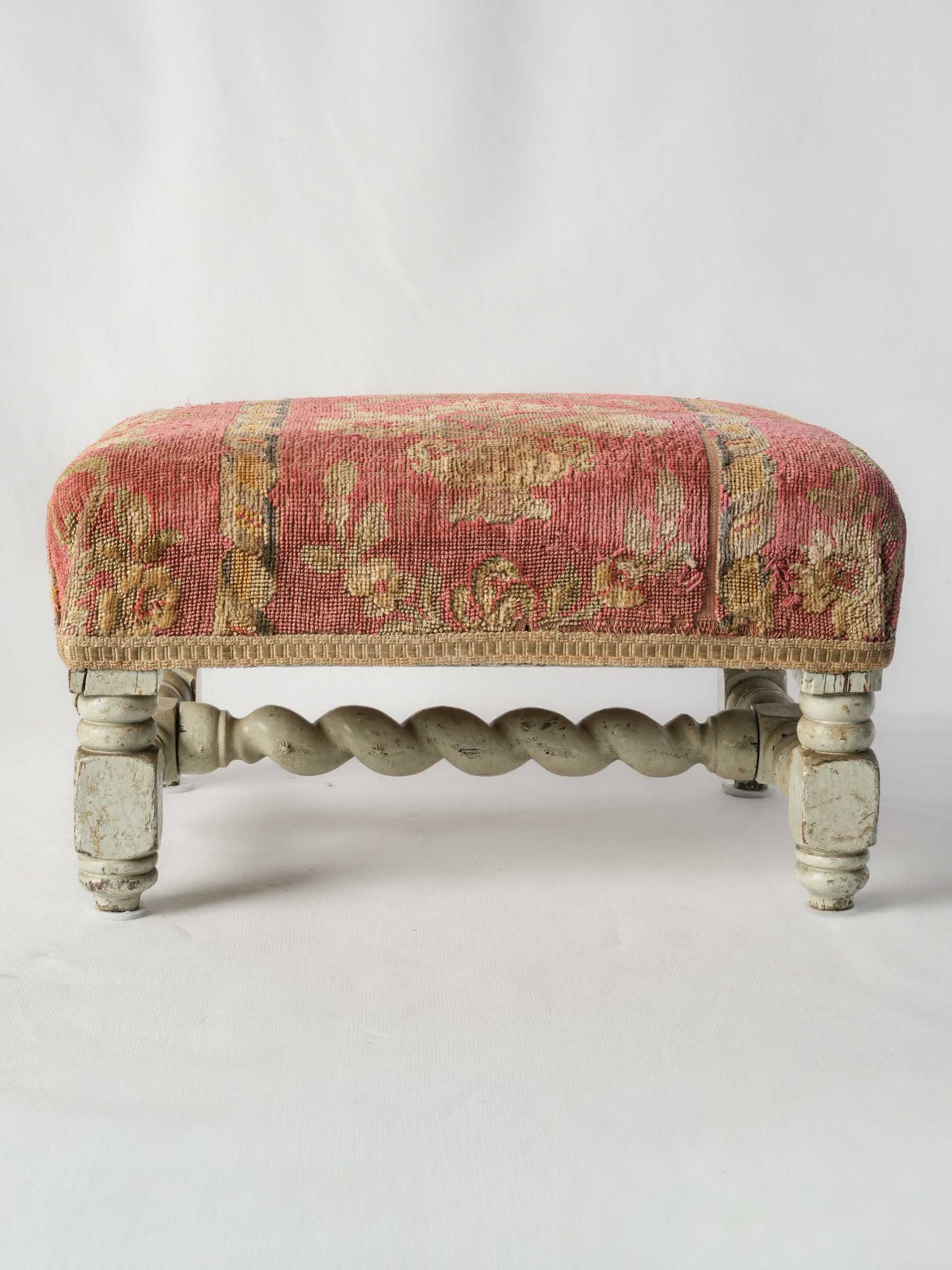 Antique French Painted Wood Footrest with Floral Tapestry Upholstery