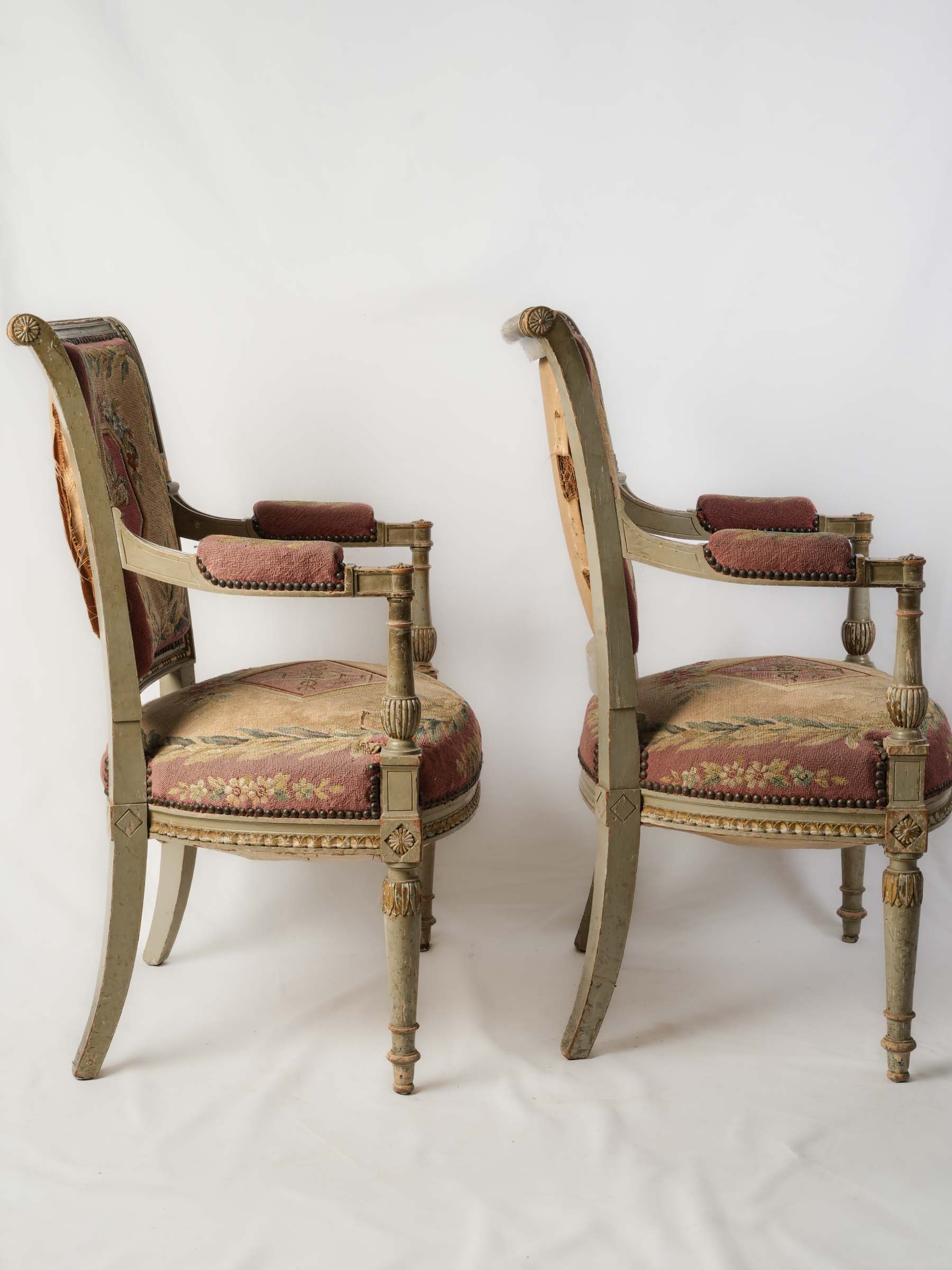 Pair of 19th-Century French Directoire-Style Armchairs w/ Original Tapestry Upholstery