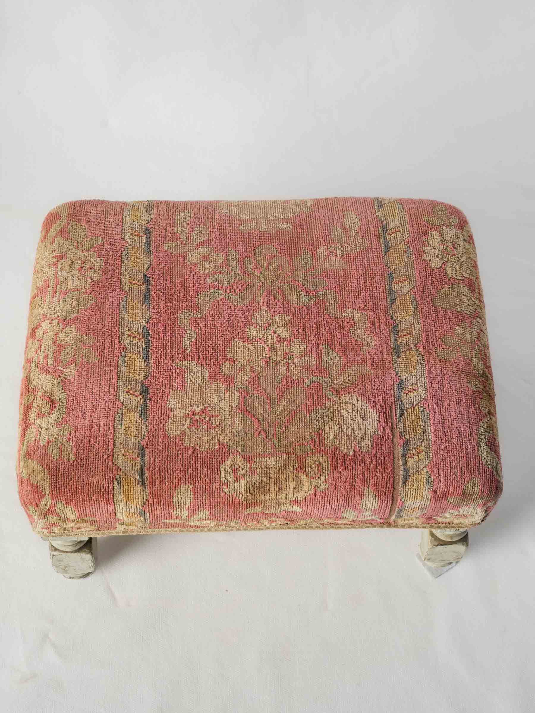 Antique French Painted Wood Footrest with Floral Tapestry Upholstery