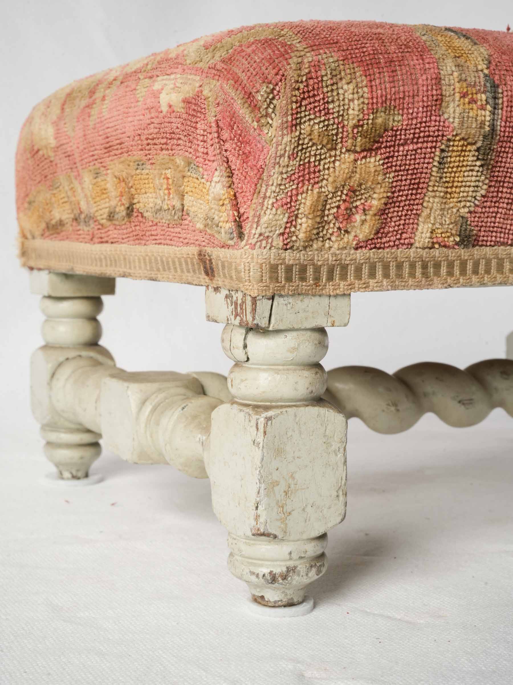 Antique French Painted Wood Footrest with Floral Tapestry Upholstery