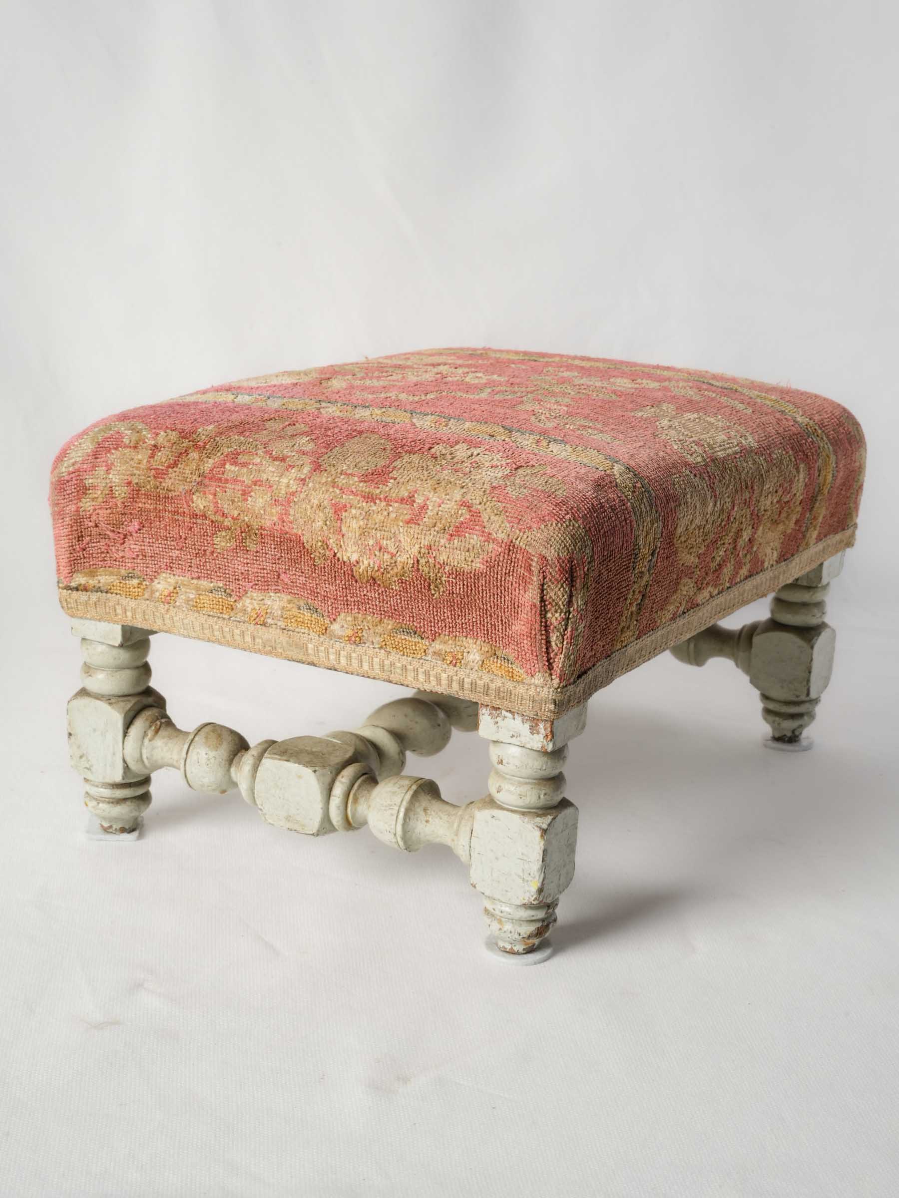 Antique French Painted Wood Footrest with Floral Tapestry Upholstery