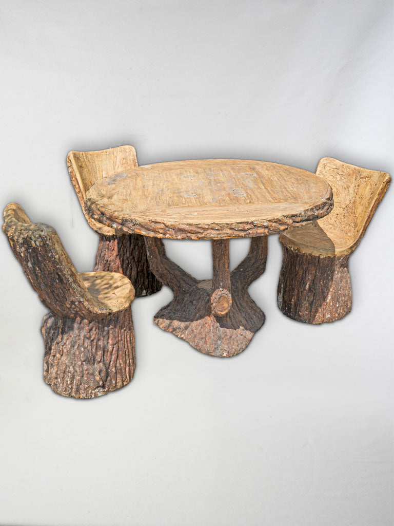 Vintage French Faux Bois Concrete Garden Suite W/ Table and 3 Chairs