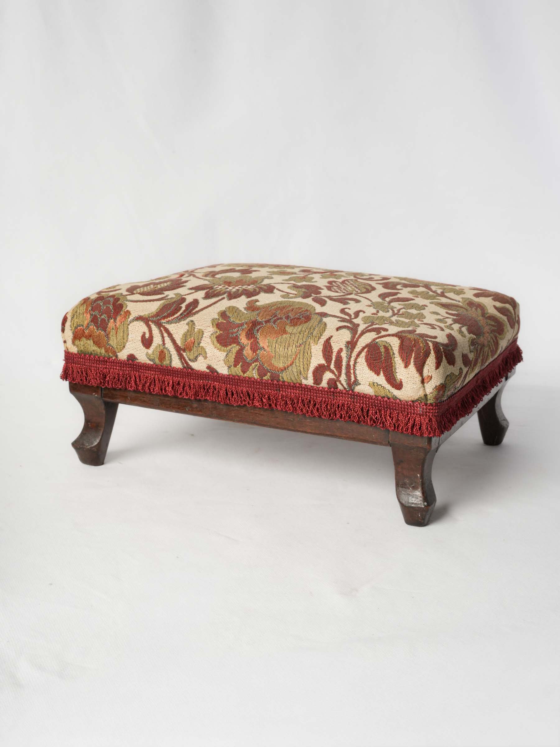 Antique French Footrest with Floral Upholstery and Fringe