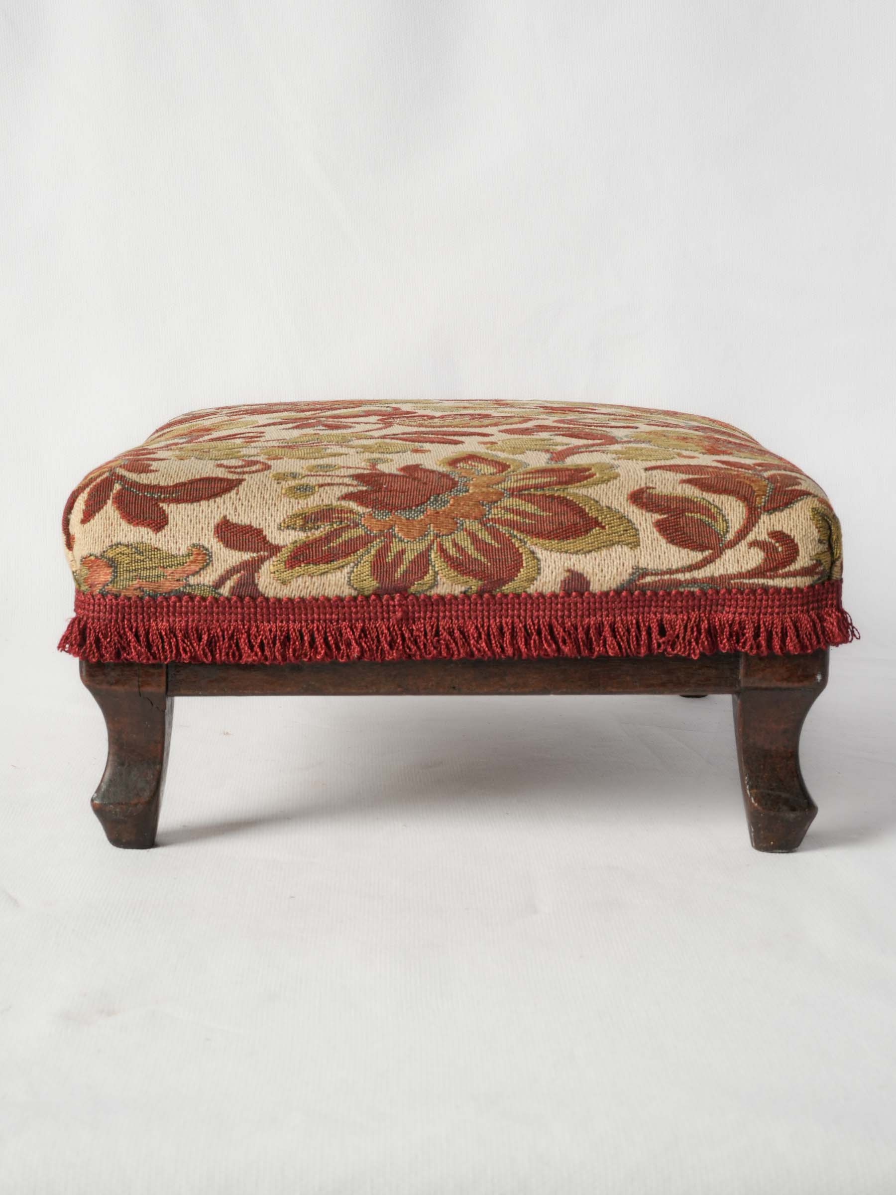 Antique French Footrest with Floral Upholstery and Fringe