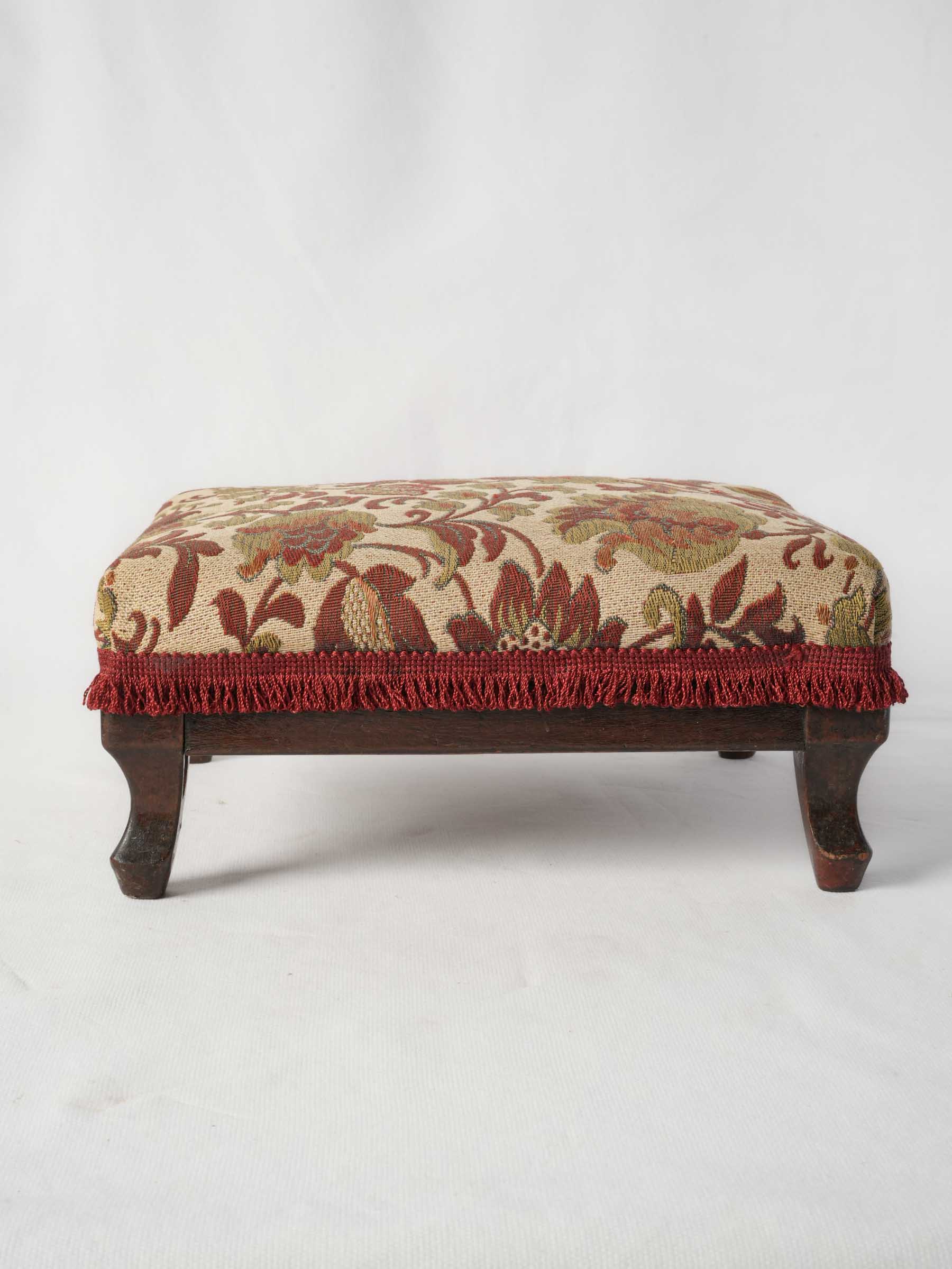 Antique French Footrest with Floral Upholstery and Fringe