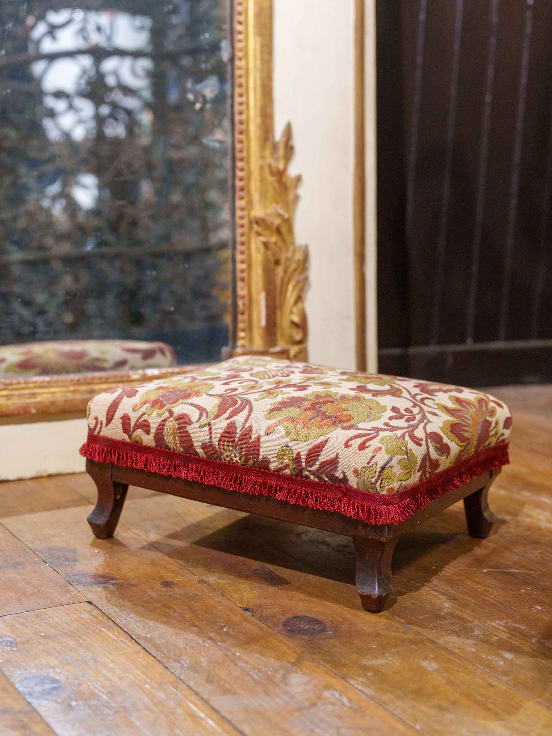 Antique French Footrest with Floral Upholstery and Fringe