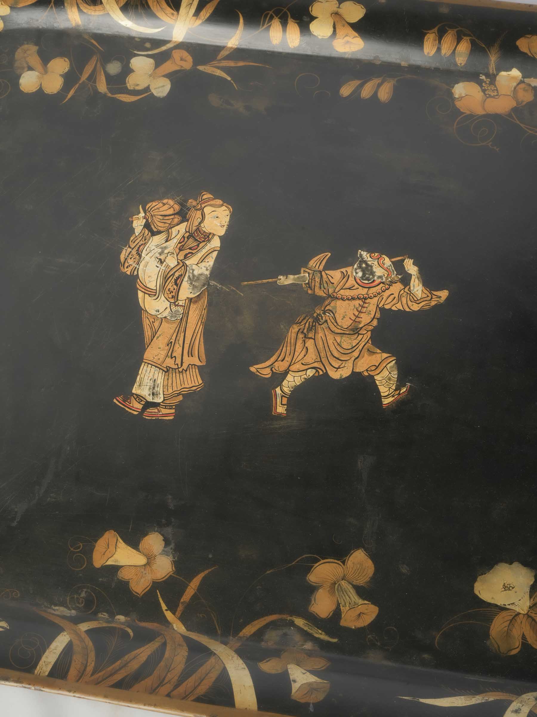 Elegant Gilt Brass Coffee Table w/ Hand-Painted Chinoiserie Tray, circa 1950 - 17¼" x 31½" x 24¾"