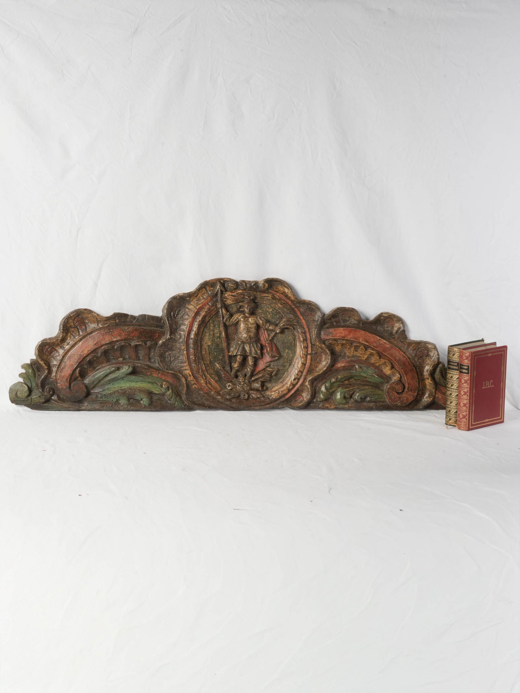 18th-Century Spanish Carved Overdoor Panel w/ Warrior Medallion- 15" x 50¾"