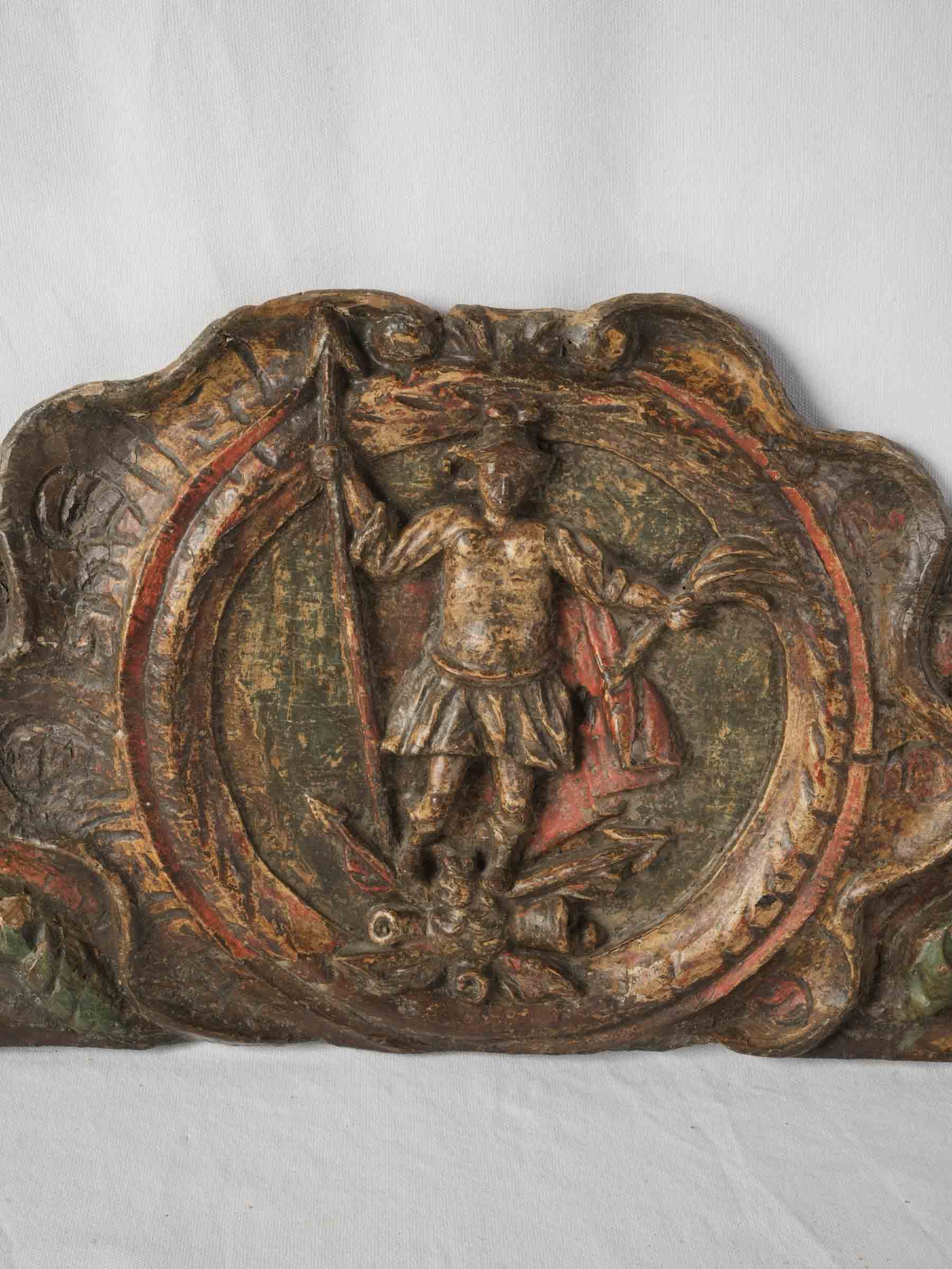 18th-Century Spanish Carved Overdoor Panel w/ Warrior Medallion- 15" x 50¾"