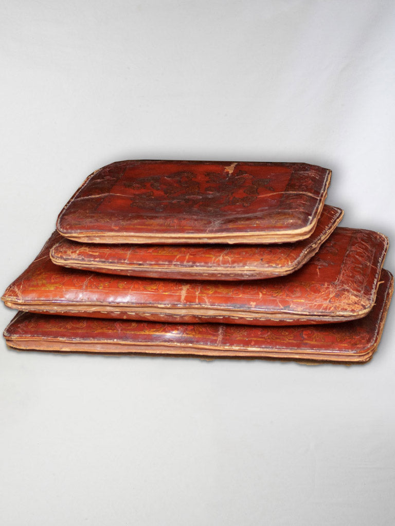 Four Chinese Deep Red Lacquered Leather Cushions w/ Gilded Decoration c. 1900