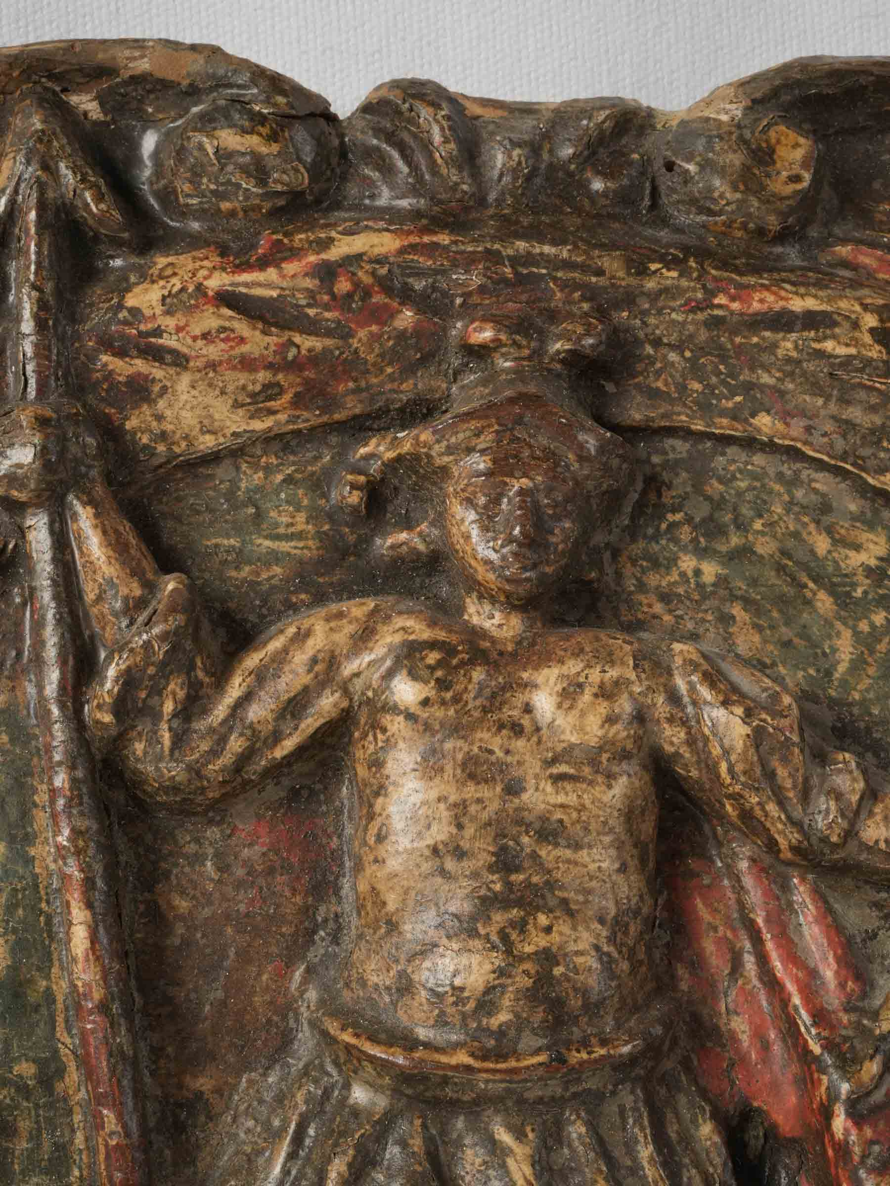 18th-Century Spanish Carved Overdoor Panel w/ Warrior Medallion- 15" x 50¾"