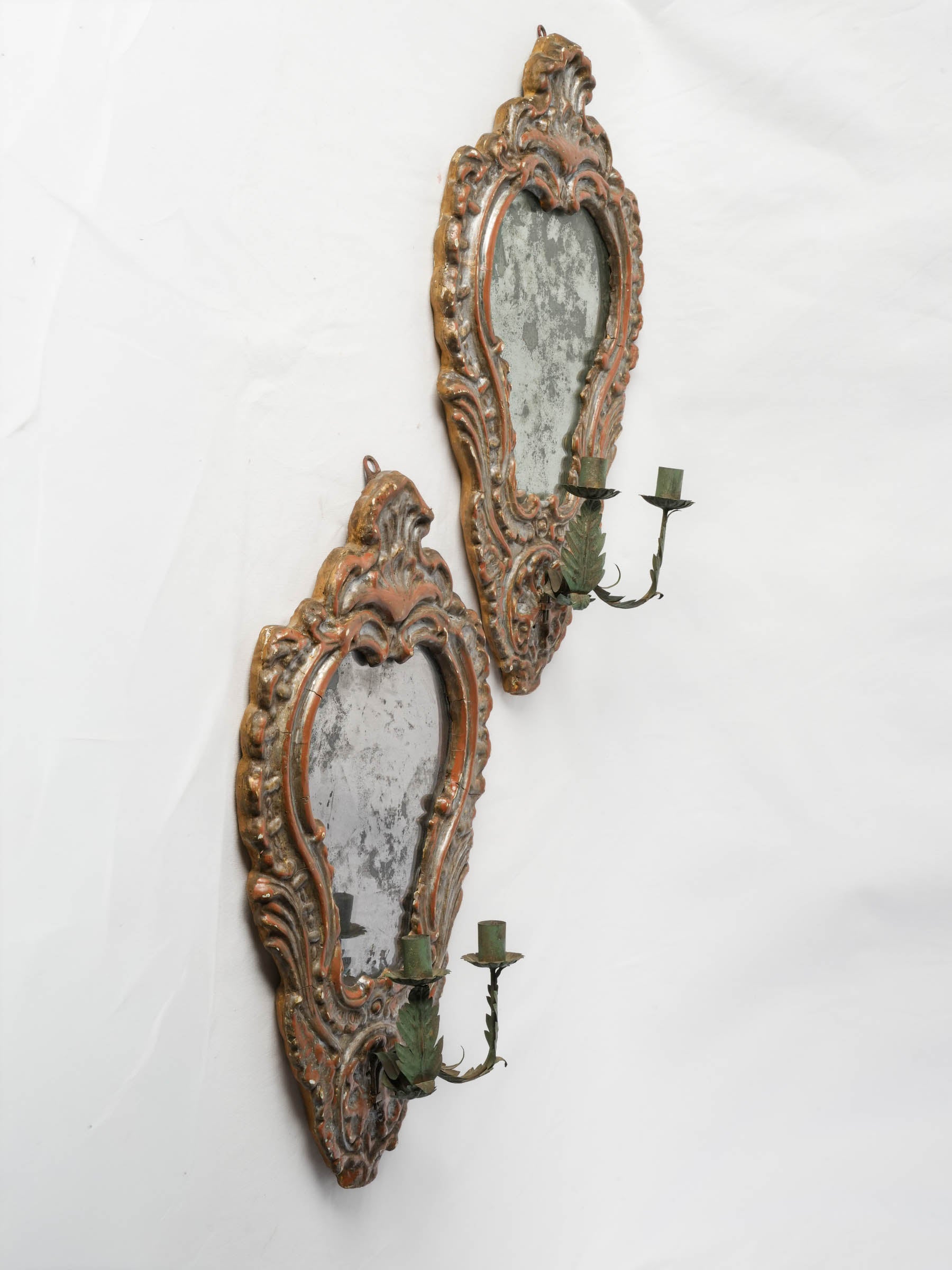 Rare Pair of 18th-Century Italian Mirror-Backed Candle Sconces - 26¾"x 16½"