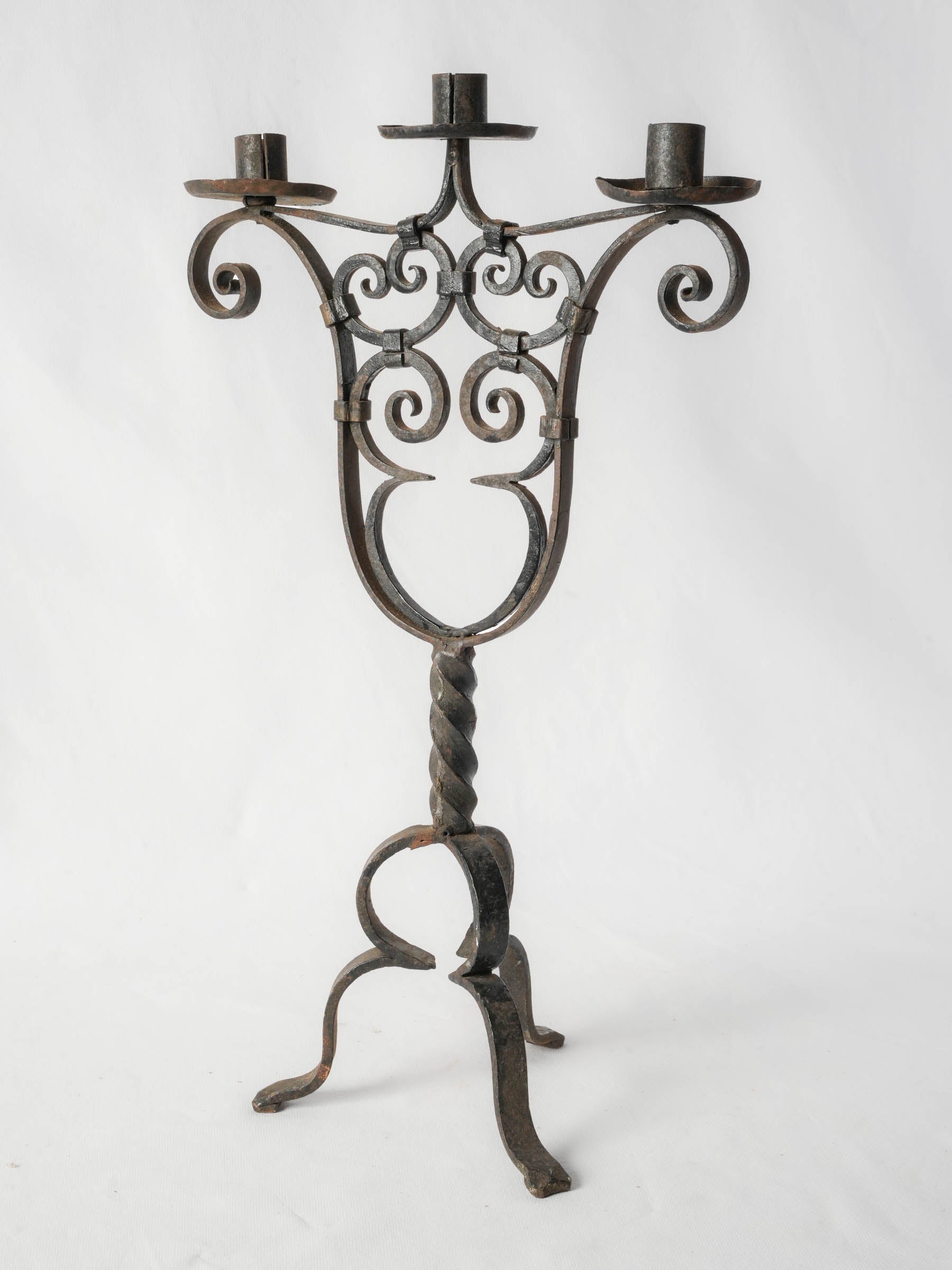 Hand-Forged Three-Light Wrought-Iron Candlestick, Early 20th Century - 22½"