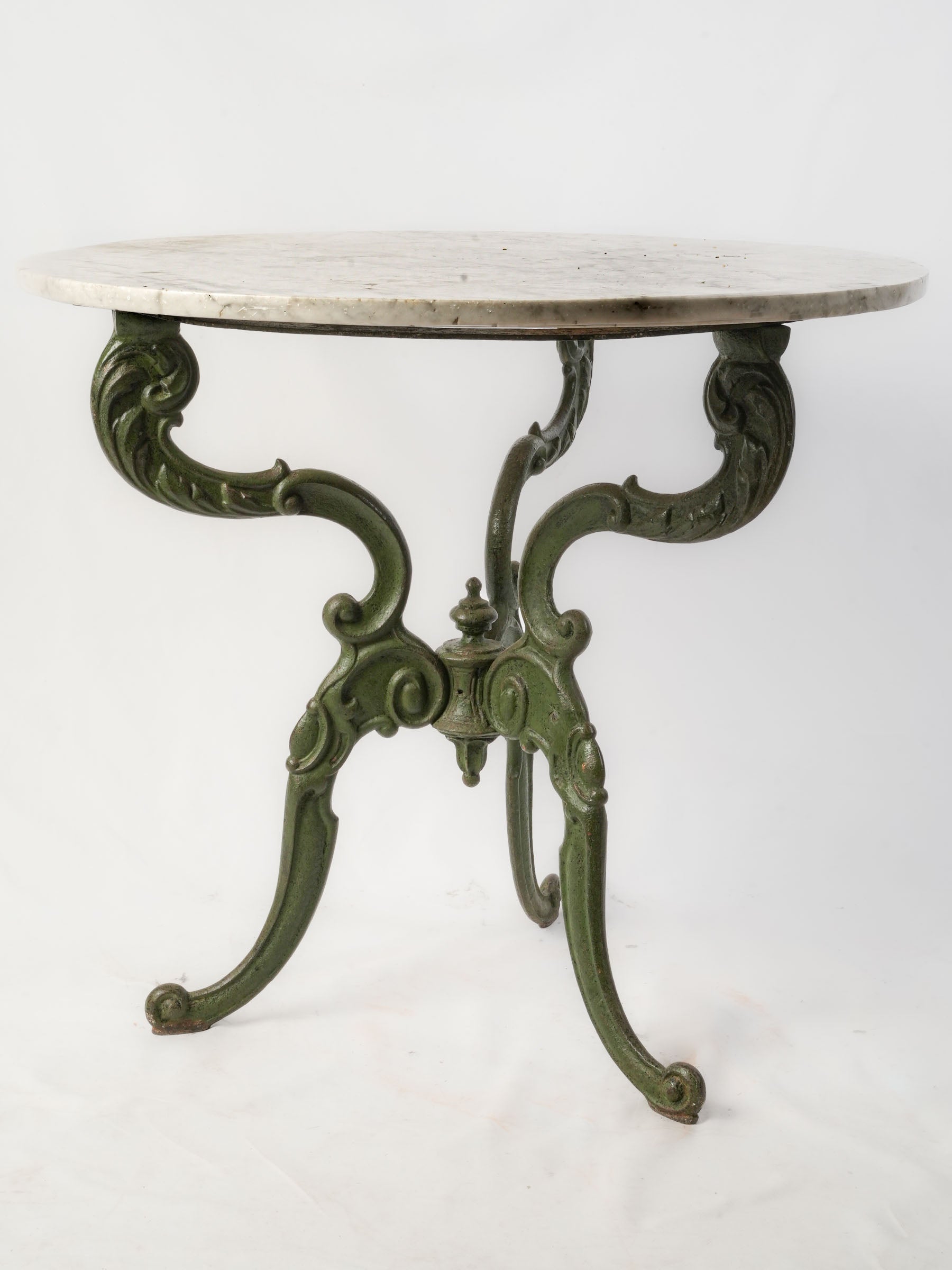 Antique Cast-Iron Garden Table w/ Marble Top and Green-Painted Base, circa 1900 - 30" x 32"