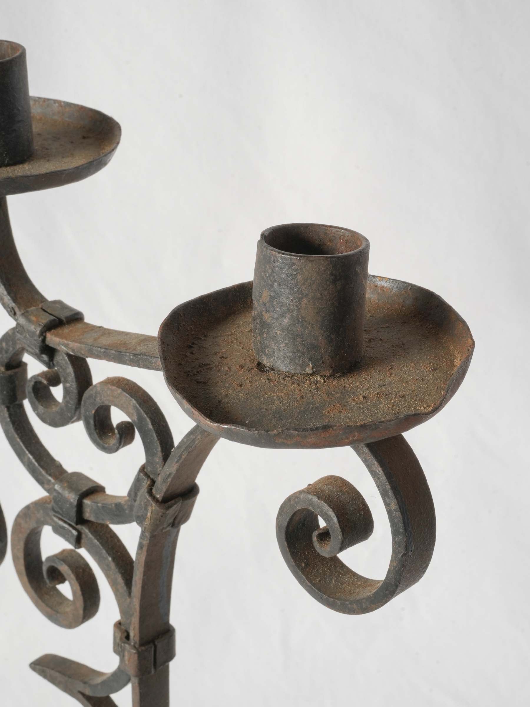 Hand-Forged Three-Light Wrought-Iron Candlestick, Early 20th Century - 22½"