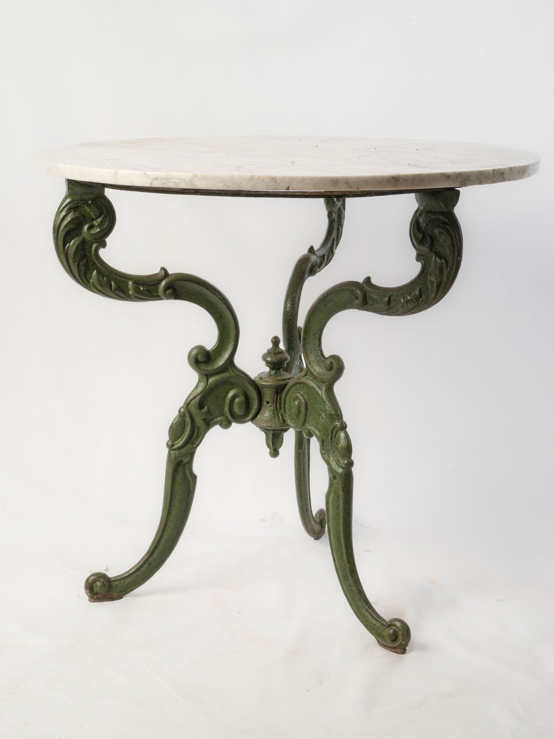 Antique Cast-Iron Garden Table w/ Marble Top and Green-Painted Base, circa 1900 - 30" x 32"