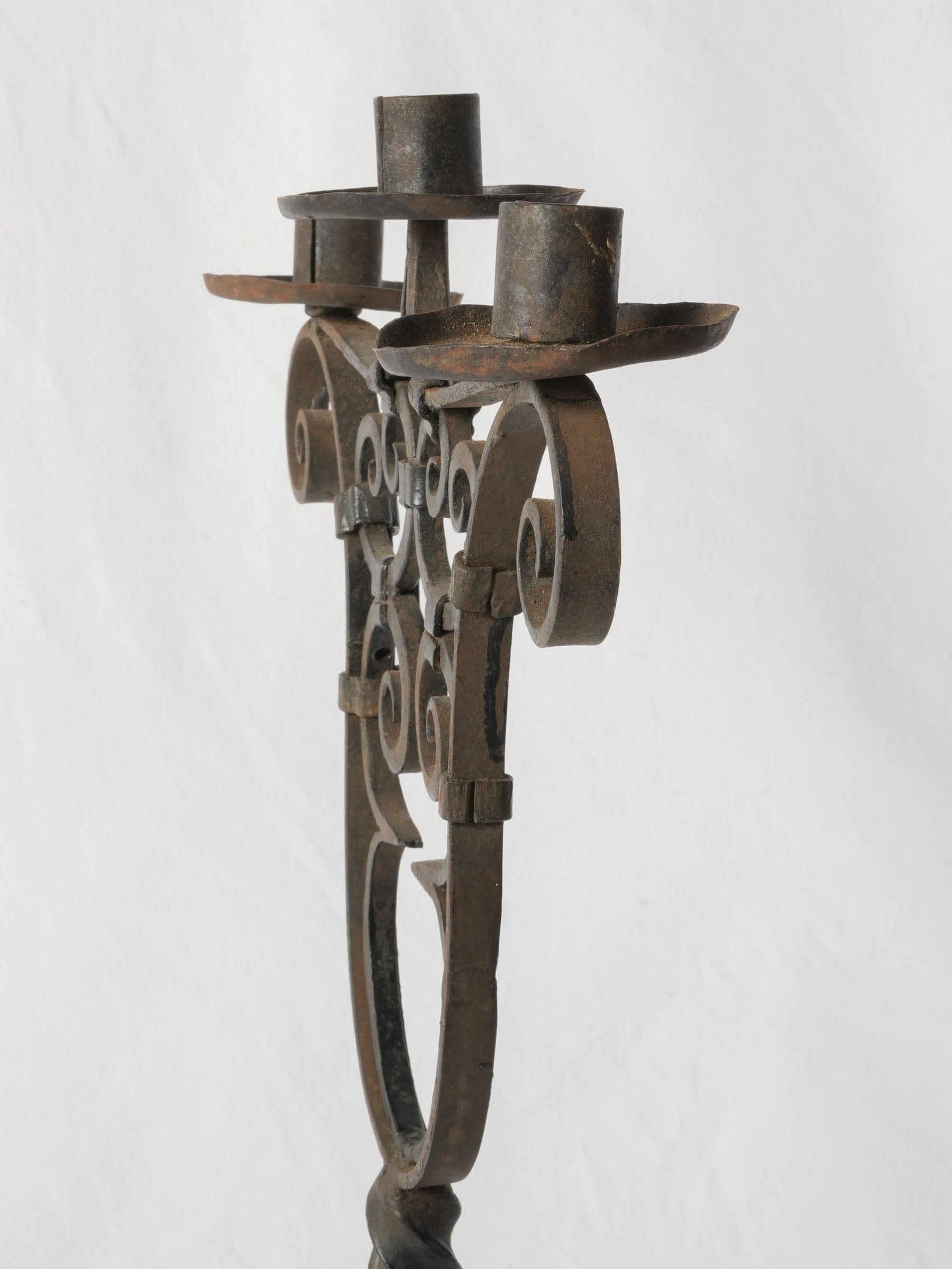 Hand-Forged Three-Light Wrought-Iron Candlestick, Early 20th Century - 22½"