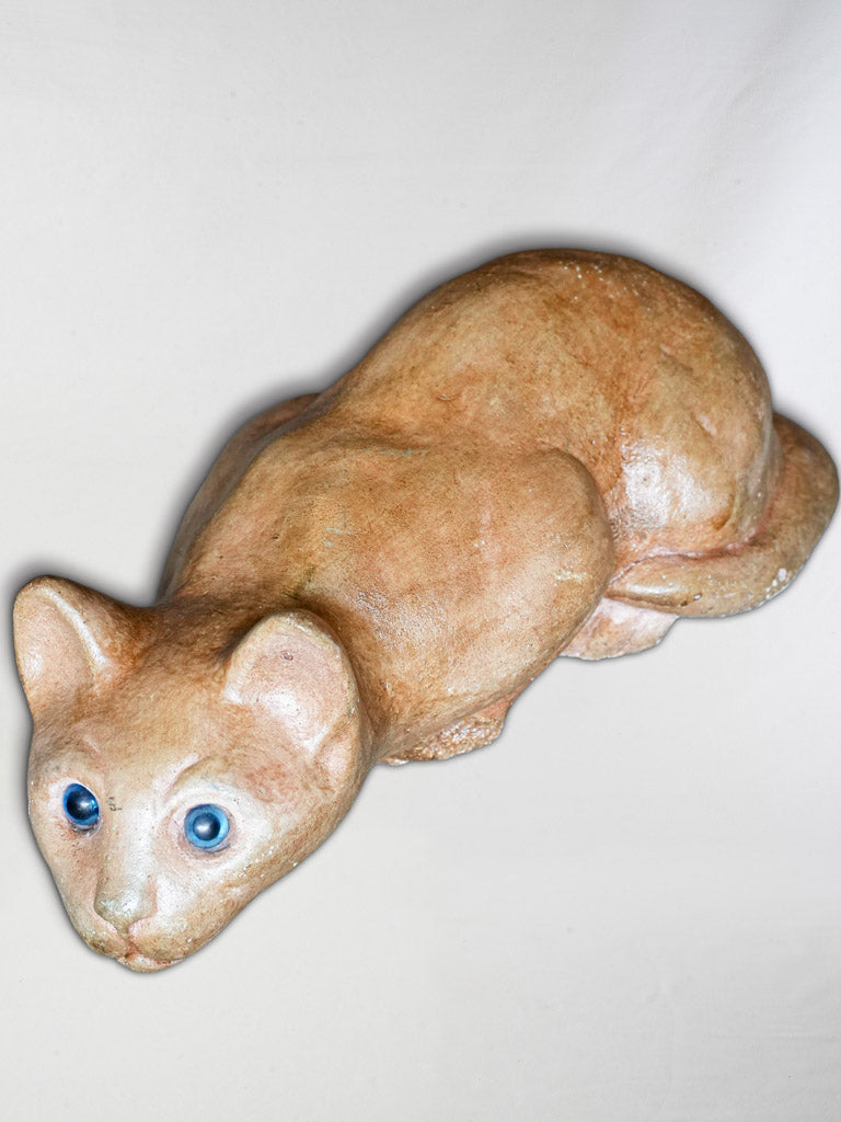 Expressive 1930s French Terracotta Cat w/ Sulfide Glass Eyes - 13¾"