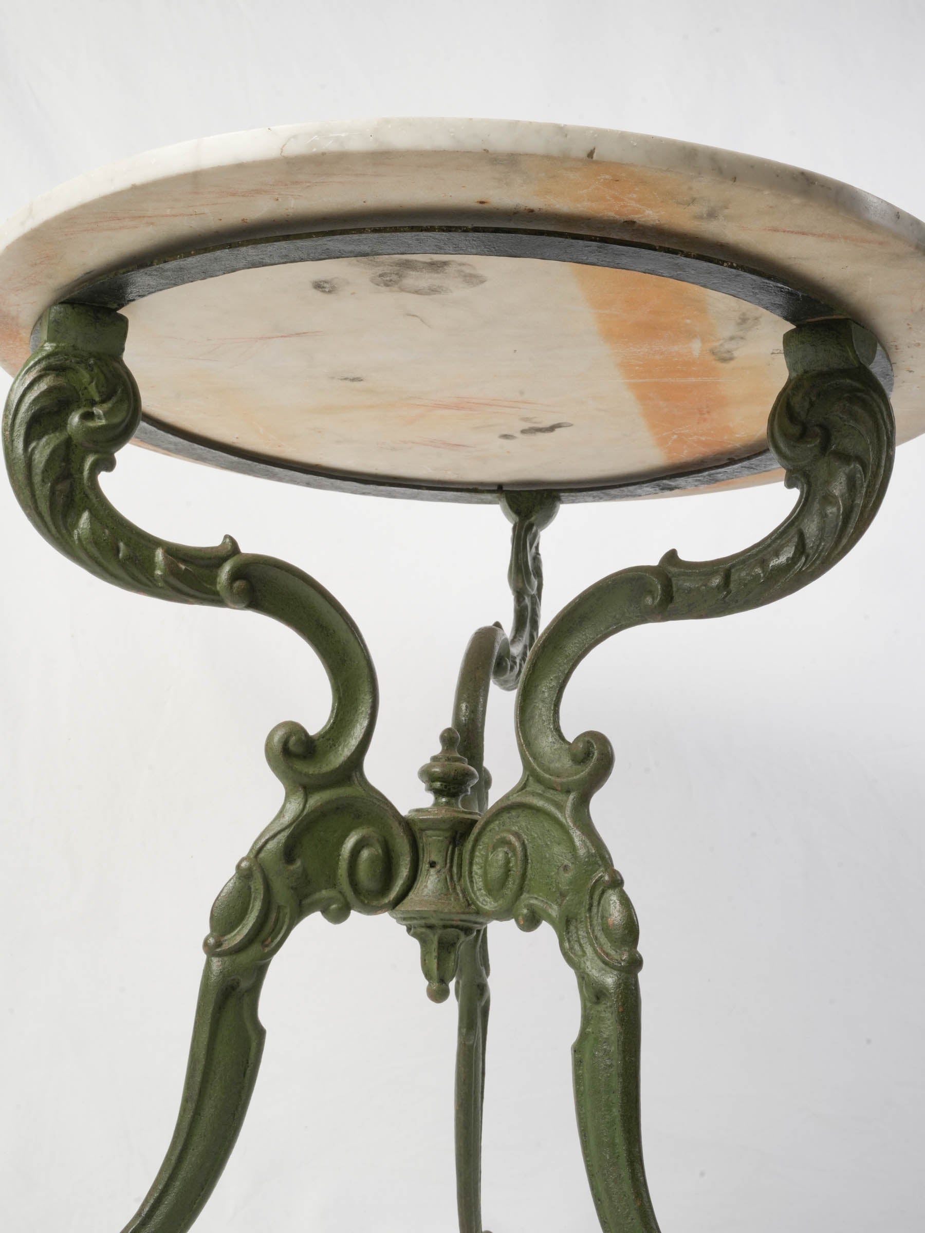 Antique Cast-Iron Garden Table w/ Marble Top and Green-Painted Base, circa 1900 - 30" x 32"