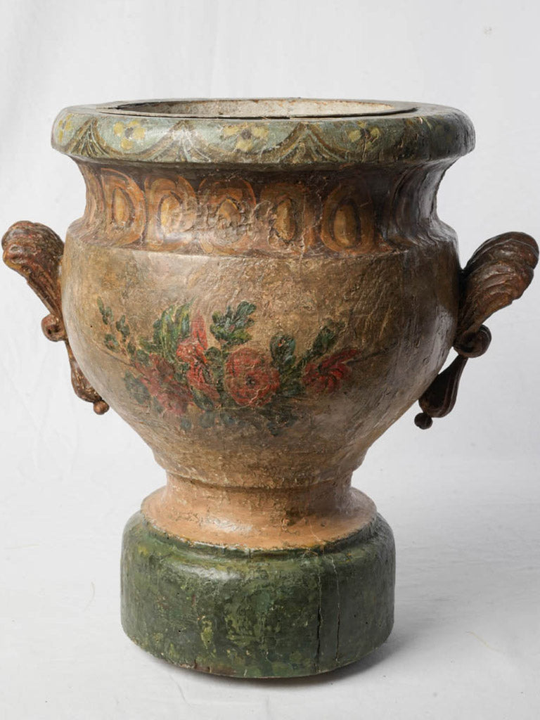 Poetic 19th Century Italian Carved Wood Urn Cachepot w/ Painted Decoration - 20½"