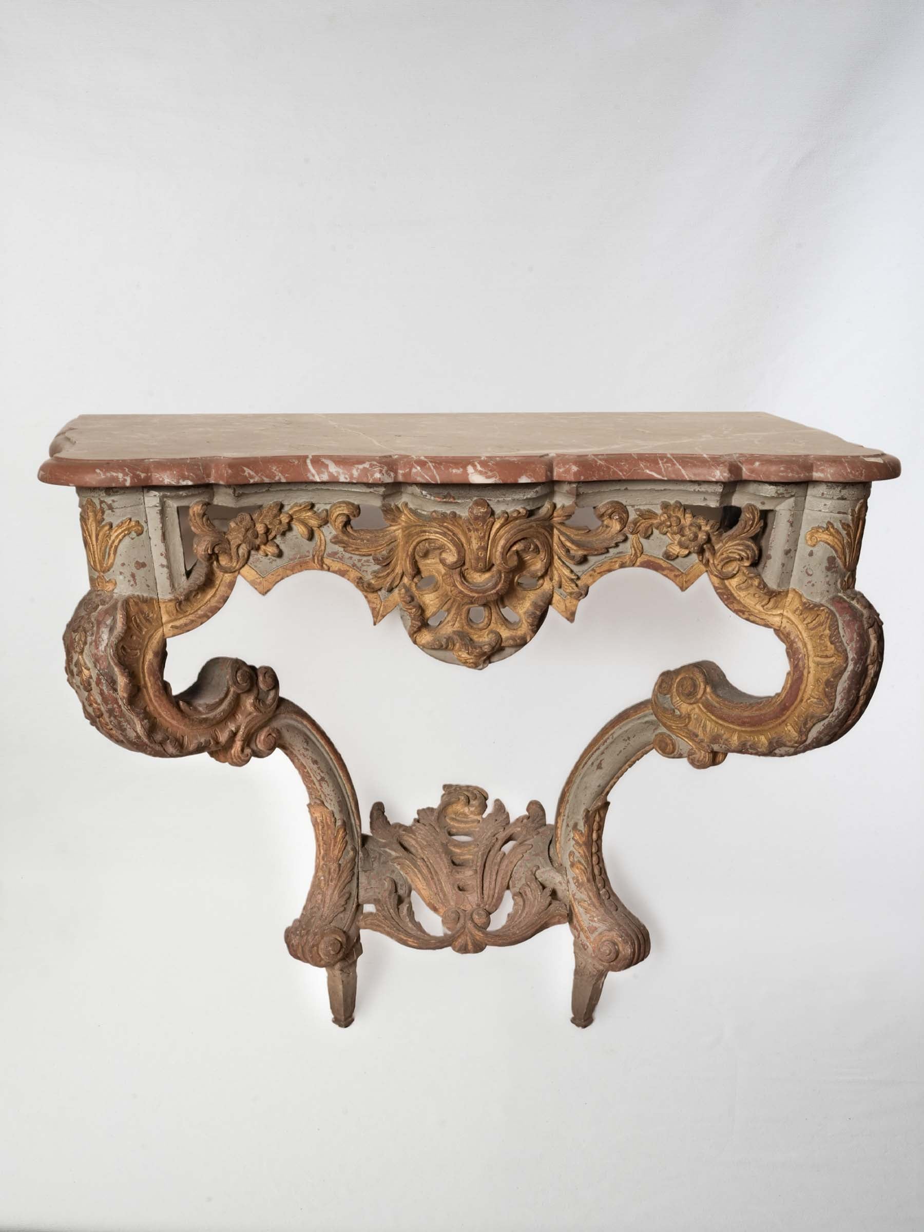 Exuberant Italian Rococo Carved Wall Console w/ Red Marble Top, 18th Century - 36½" wide