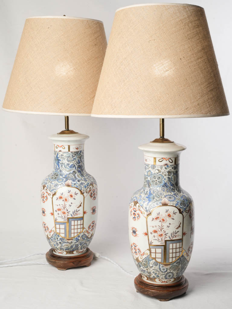 Pair of Tall Mid-20th Century Limoges Porcelain Chinoiserie Lamps w/ Jute Shades - 33"