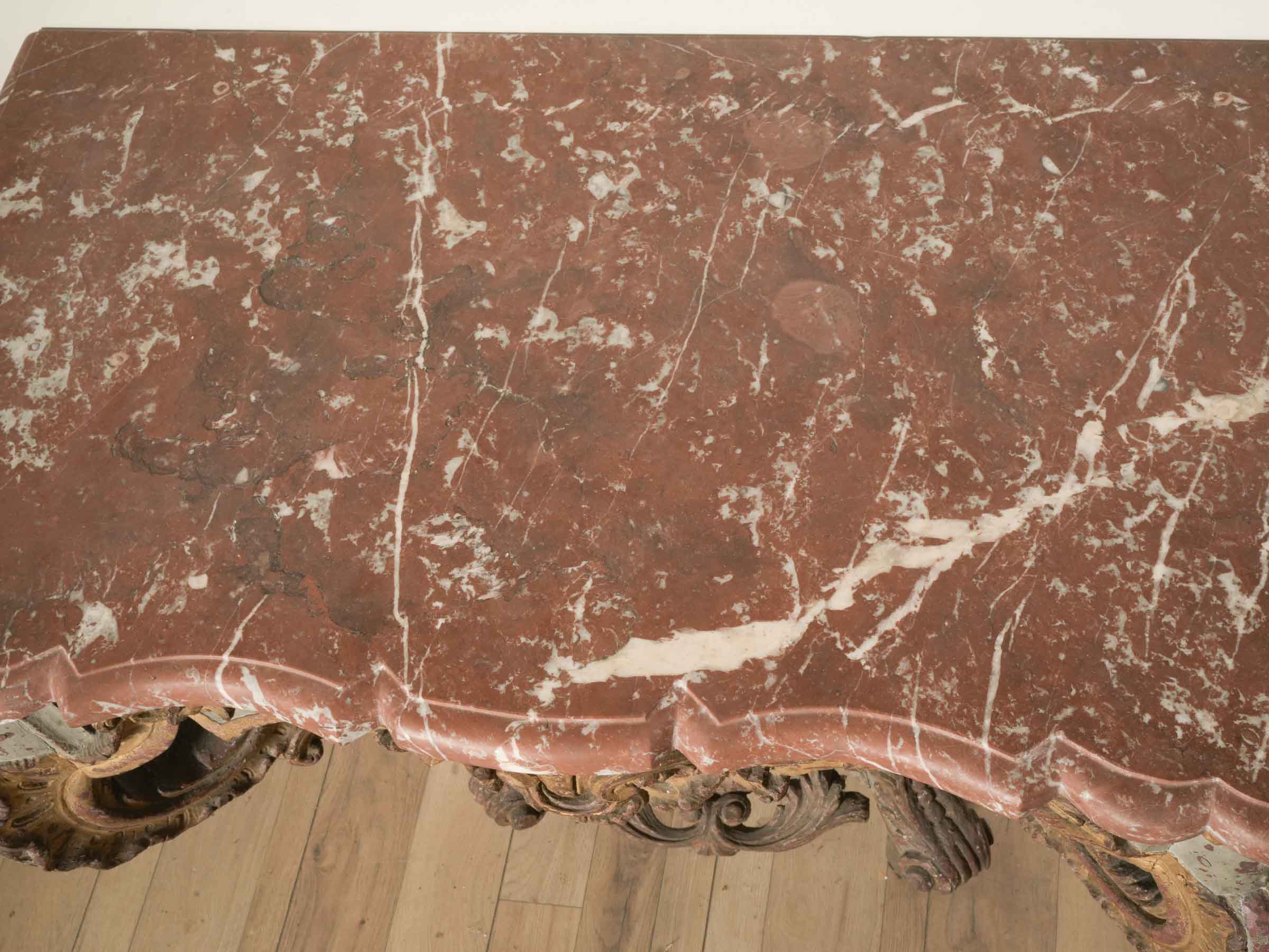 Exuberant Italian Rococo Carved Wall Console w/ Red Marble Top, 18th Century - 36½" wide