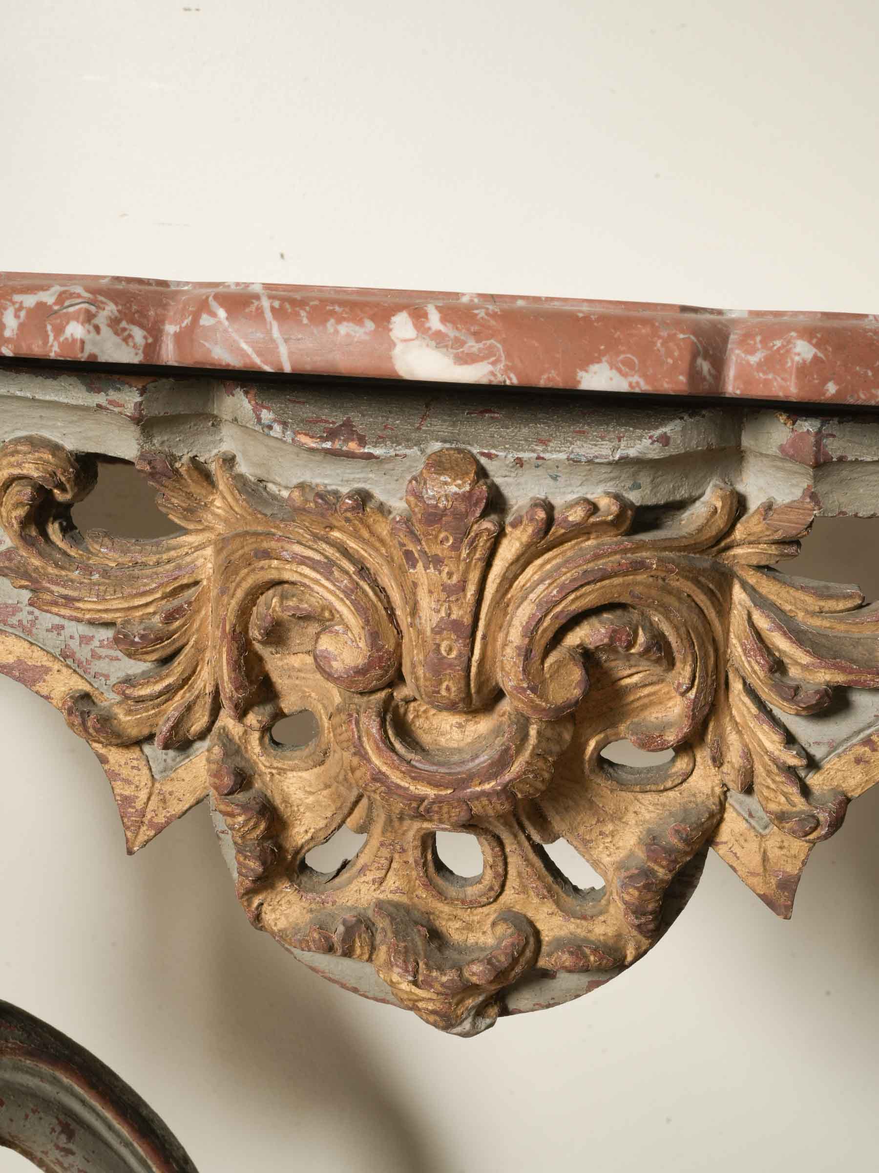 Exuberant Italian Rococo Carved Wall Console w/ Red Marble Top, 18th Century - 36½" wide