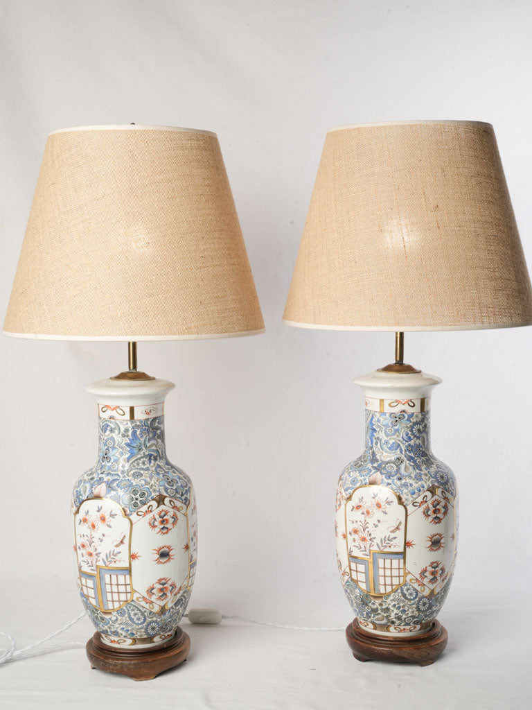 Pair of Tall Mid-20th Century Limoges Porcelain Chinoiserie Lamps w/ Jute Shades - 33"