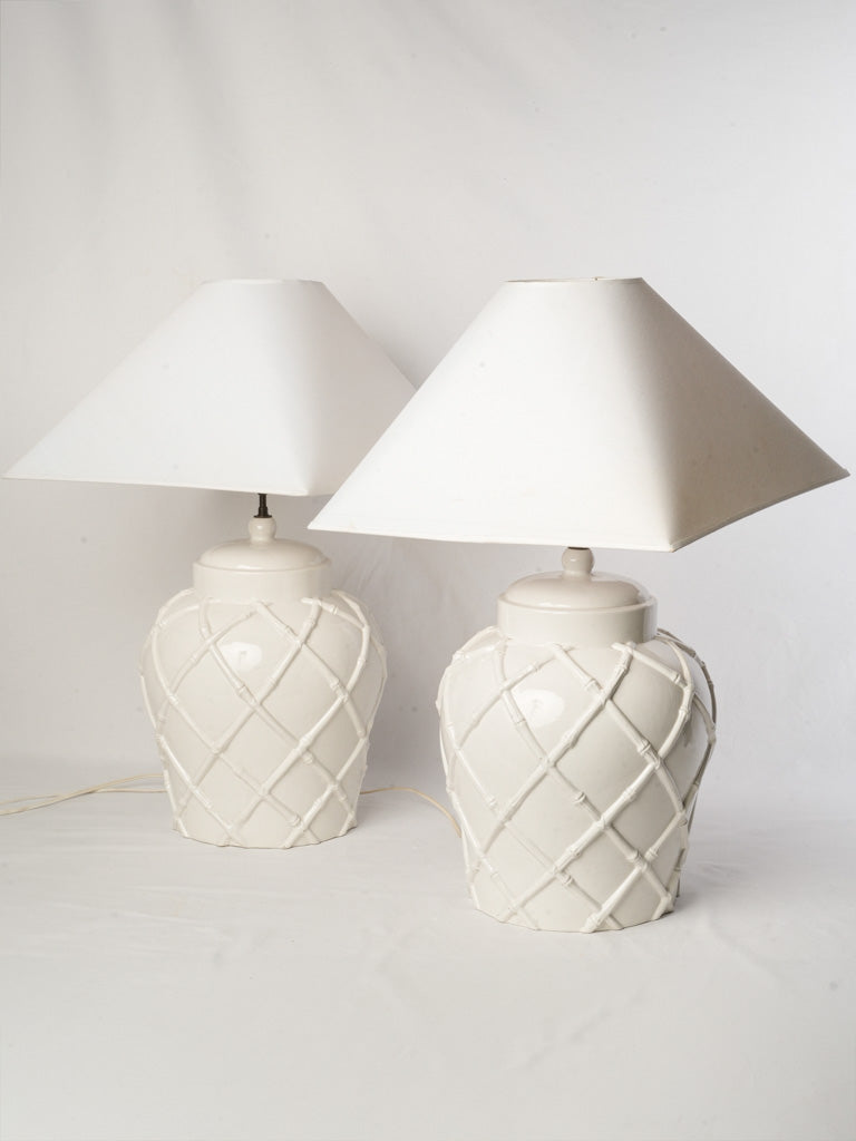 Pair of 1970s White Ceramic Ginger Jar Table Lamps w/ Faux-Bamboo Trellis - 28"