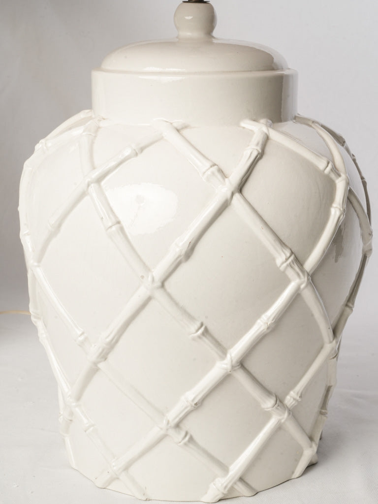 Pair of 1970s White Ceramic Ginger Jar Table Lamps w/ Faux-Bamboo Trellis - 28"