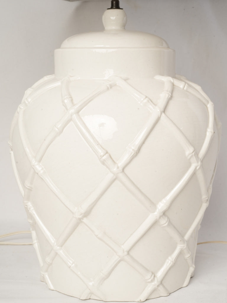 Pair of 1970s White Ceramic Ginger Jar Table Lamps w/ Faux-Bamboo Trellis - 28"