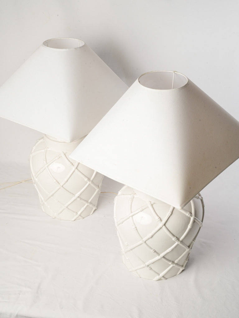 Pair of 1970s White Ceramic Ginger Jar Table Lamps w/ Faux-Bamboo Trellis - 28"