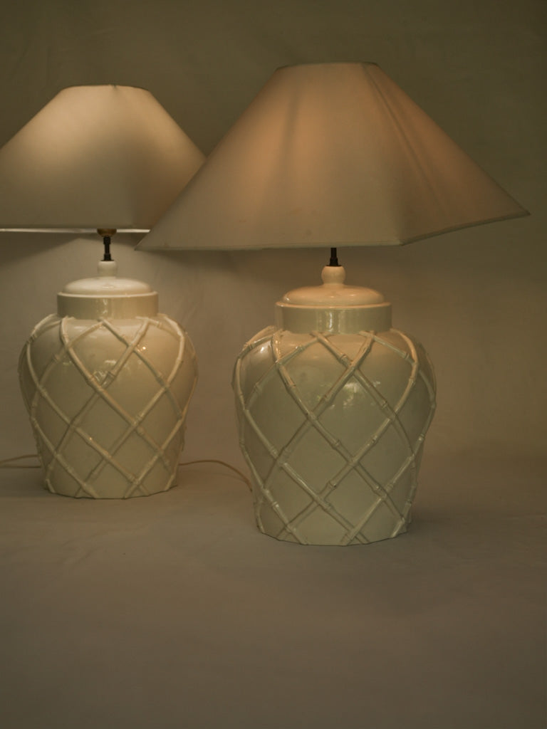 Pair of 1970s White Ceramic Ginger Jar Table Lamps w/ Faux-Bamboo Trellis - 28"