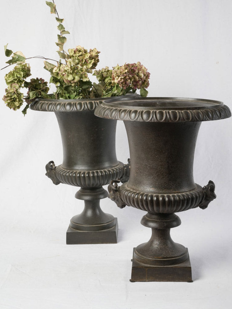Pair of 19th Century Italian Cast Iron Medici Urns w/ Ram’s Head Handles - 19¾"