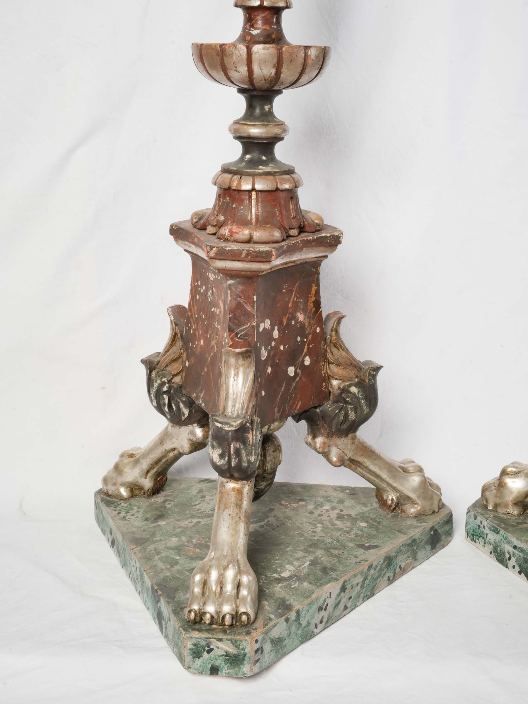 Spectacular Pair of Italian Baroque Polychrome & Silver-Leaf Torcheres, c. 1700 - 68½"