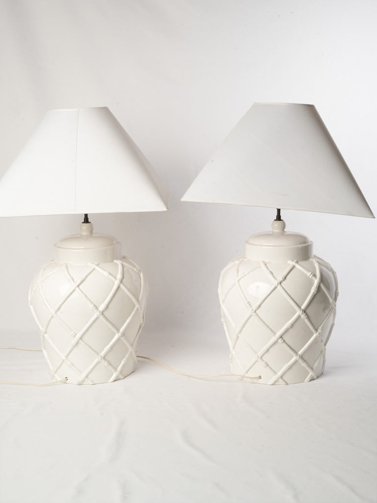 Pair of 1970s White Ceramic Ginger Jar Table Lamps w/ Faux-Bamboo Trellis - 28"