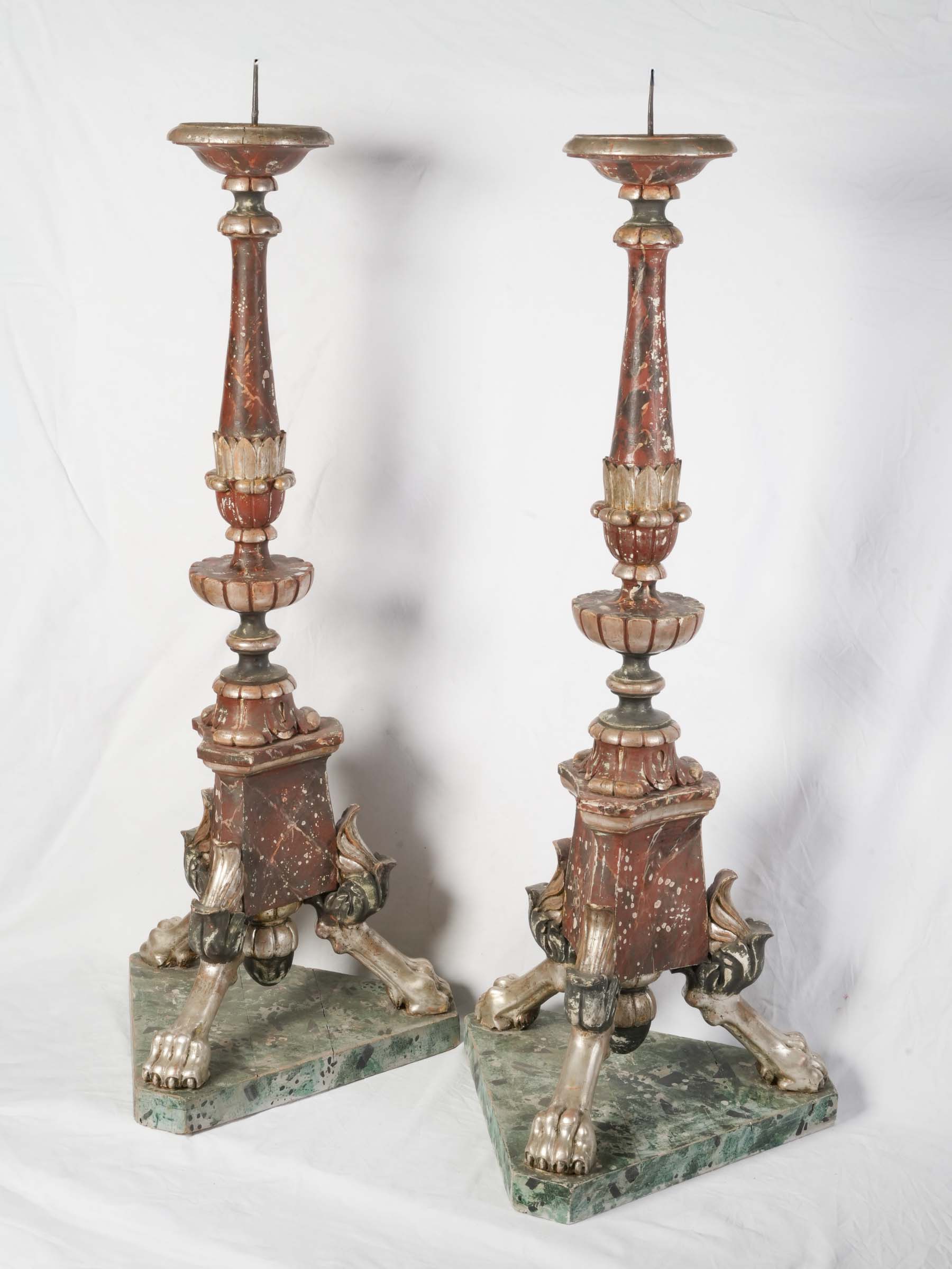 Spectacular Pair of Italian Baroque Polychrome & Silver-Leaf Torcheres, c. 1700 - 68½"